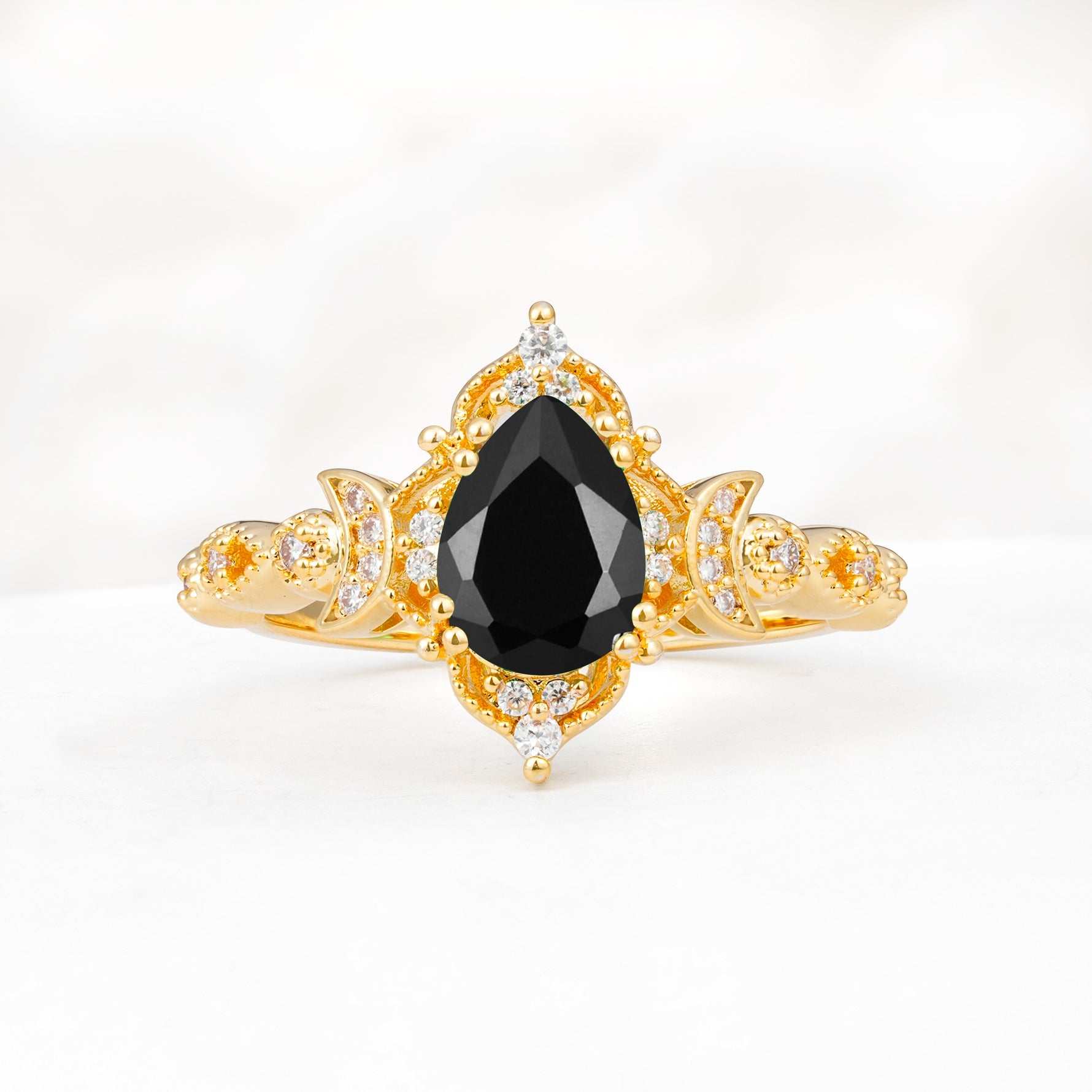 Vintage Pear Cut Milgrain Ornate Halo Black Onyx Engagement Ring - Additional view