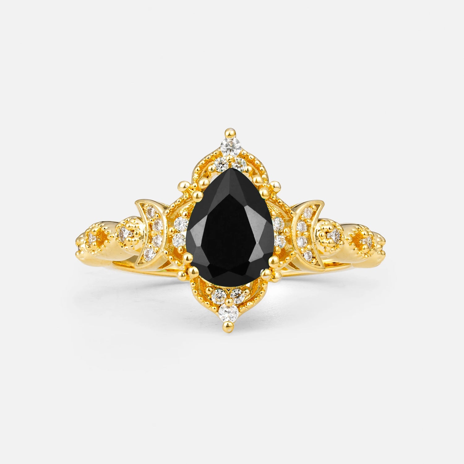 Vintage Pear Cut Milgrain Ornate Halo Black Onyx Engagement Ring