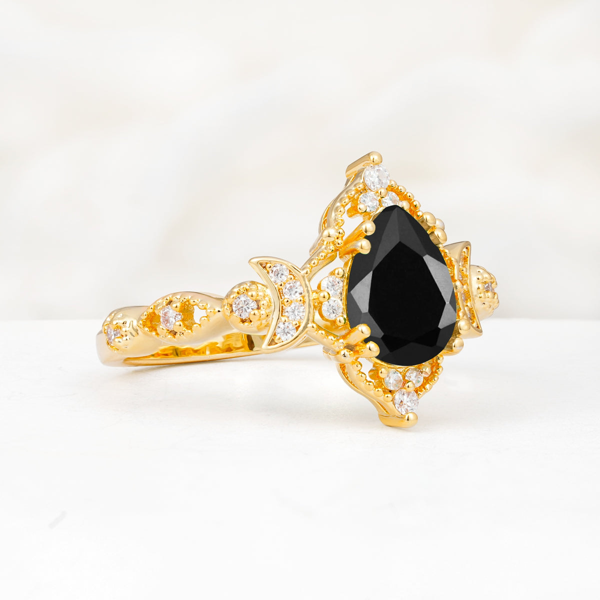 Vintage Pear Cut Milgrain Ornate Halo Black Onyx Engagement Ring - Additional view