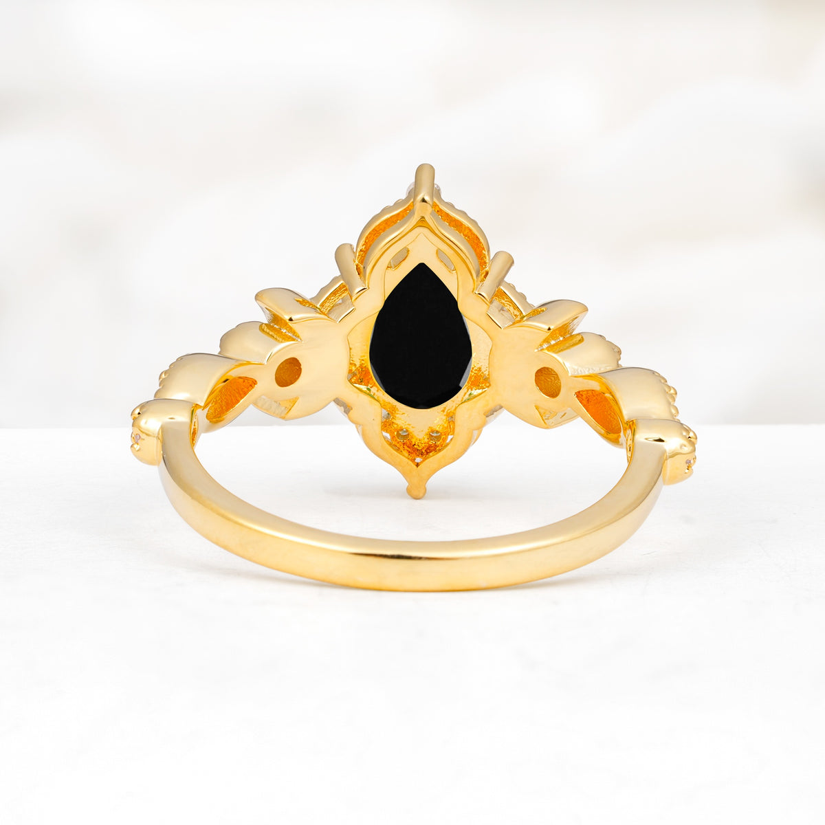Vintage Pear Cut Milgrain Ornate Halo Black Onyx Engagement Ring - Additional view