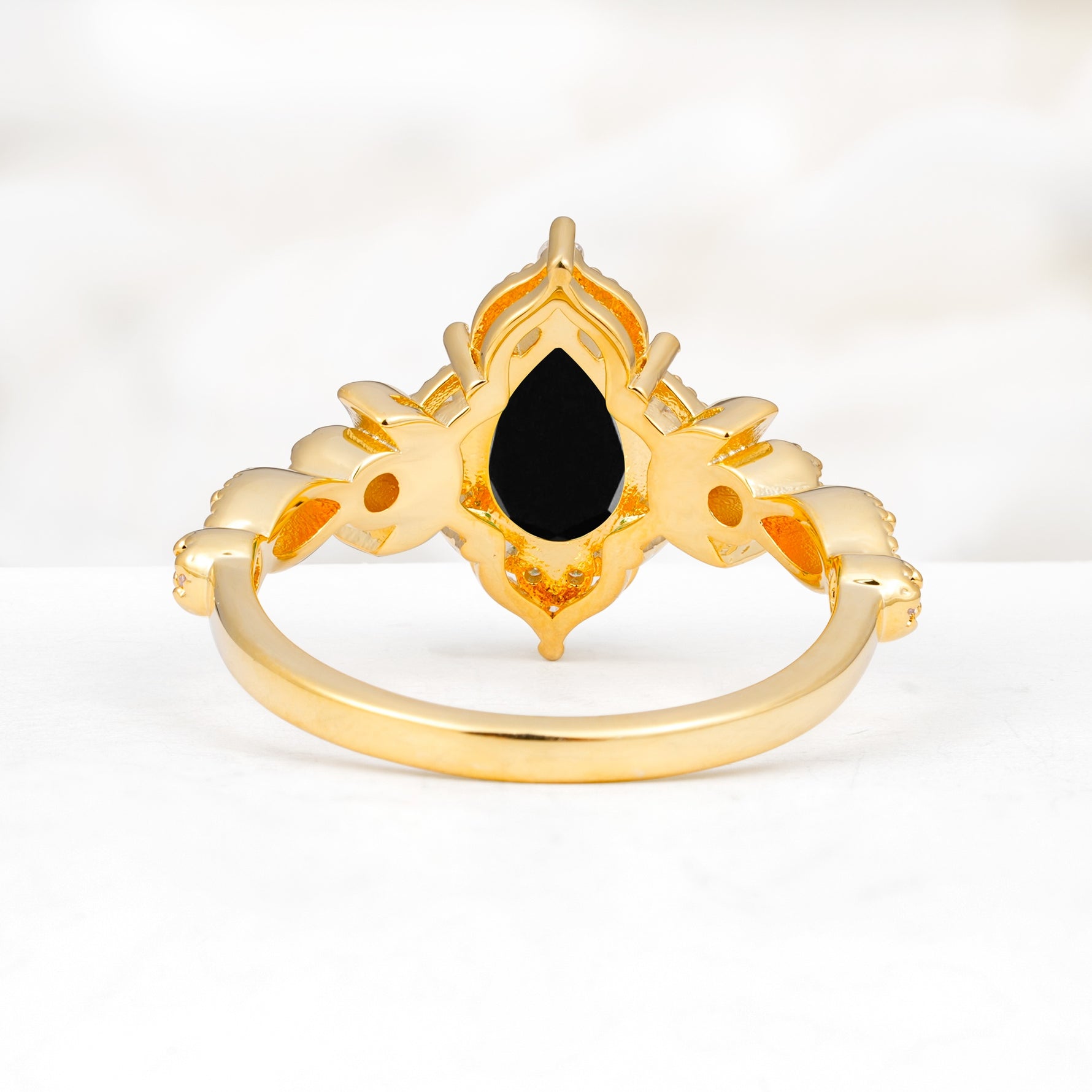 Vintage Pear Cut Milgrain Ornate Halo Black Onyx Engagement Ring - Additional view