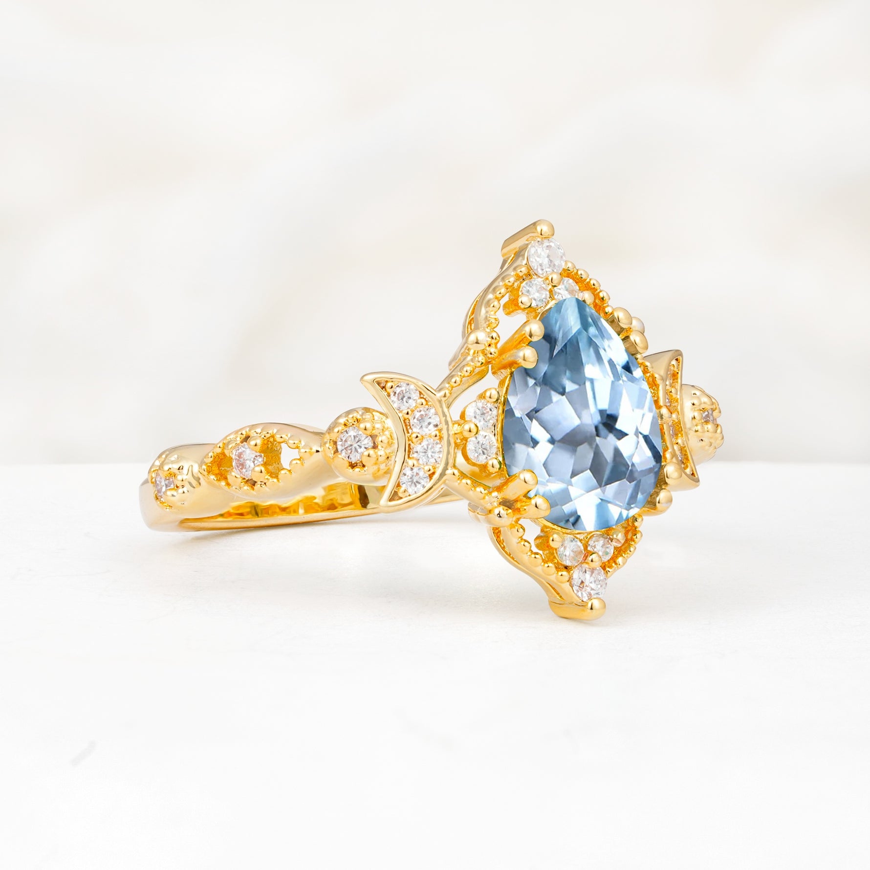 Vintage Pear Cut Milgrain Ornate Halo Aquamarine Engagement Ring - Additional view