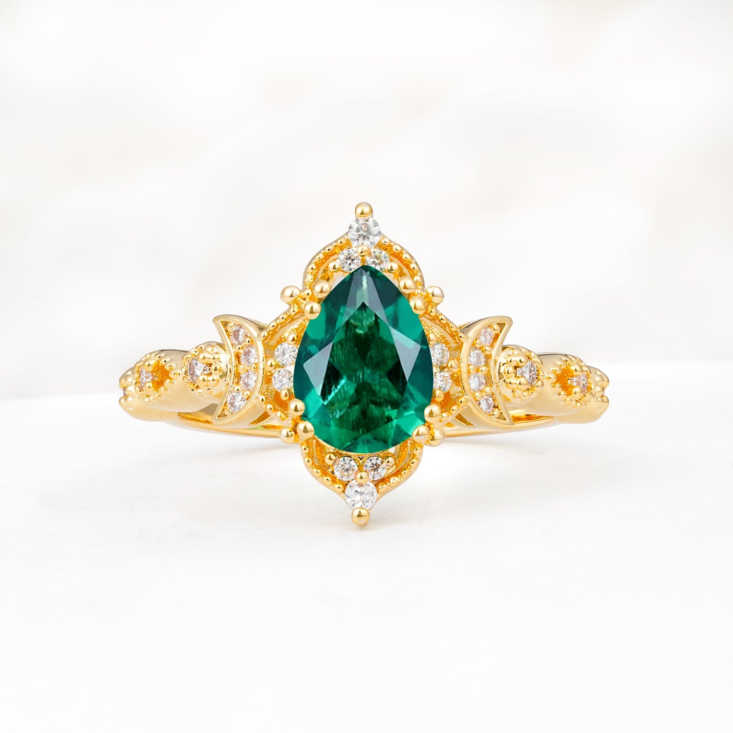 Vintage Pear Cut Milgrain Ornate Halo Emerald Engagement Ring - Additional view