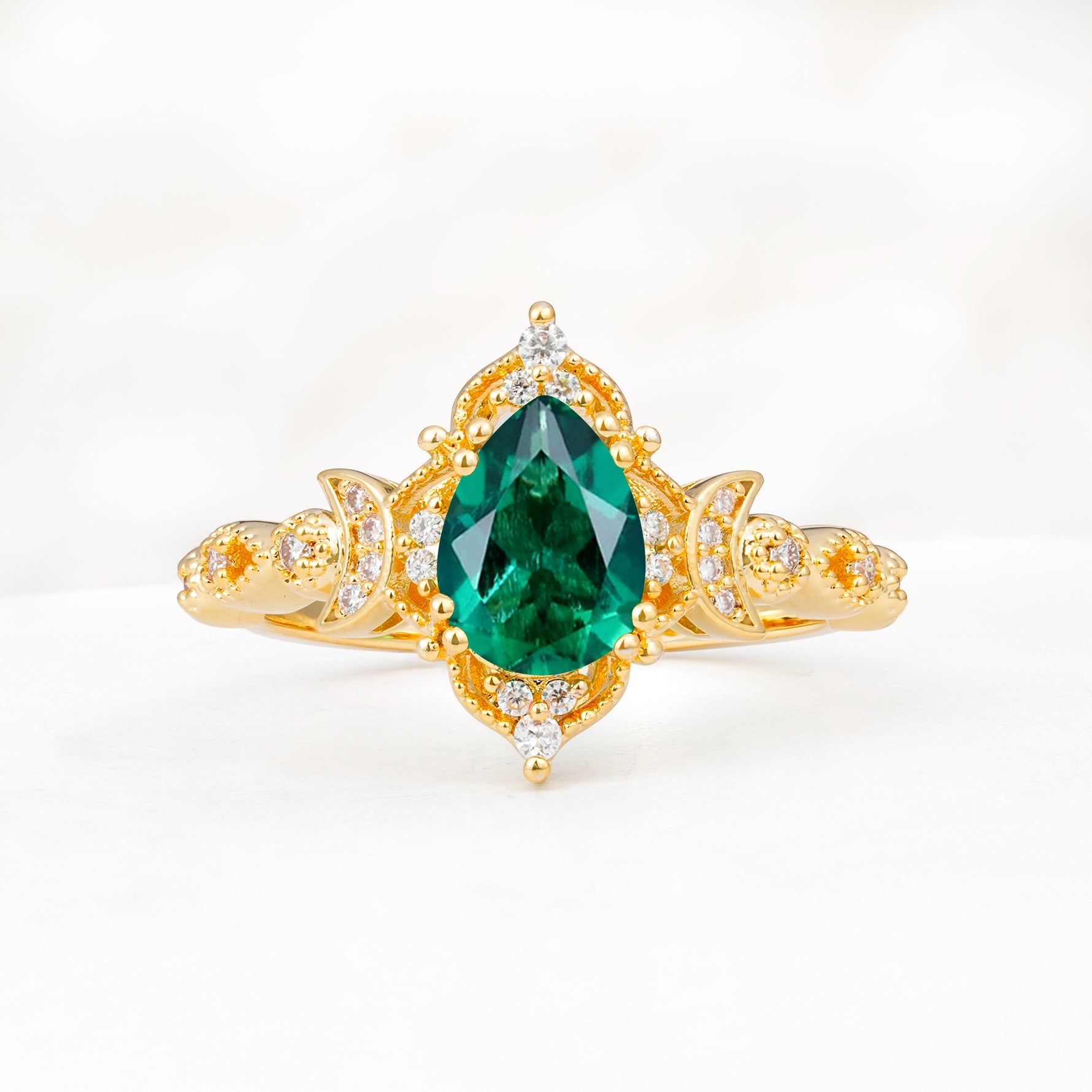 Vintage Pear Cut Milgrain Ornate Halo Emerald Engagement Ring - Additional view