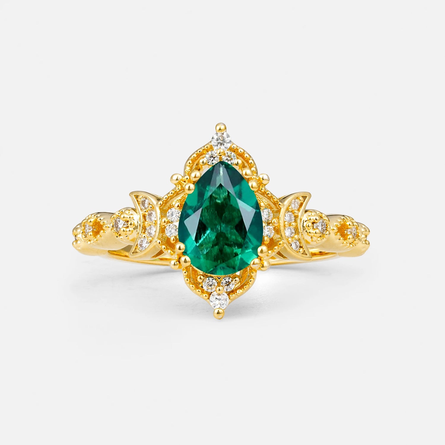 Vintage Pear Cut Milgrain Ornate Halo Emerald Engagement Ring
