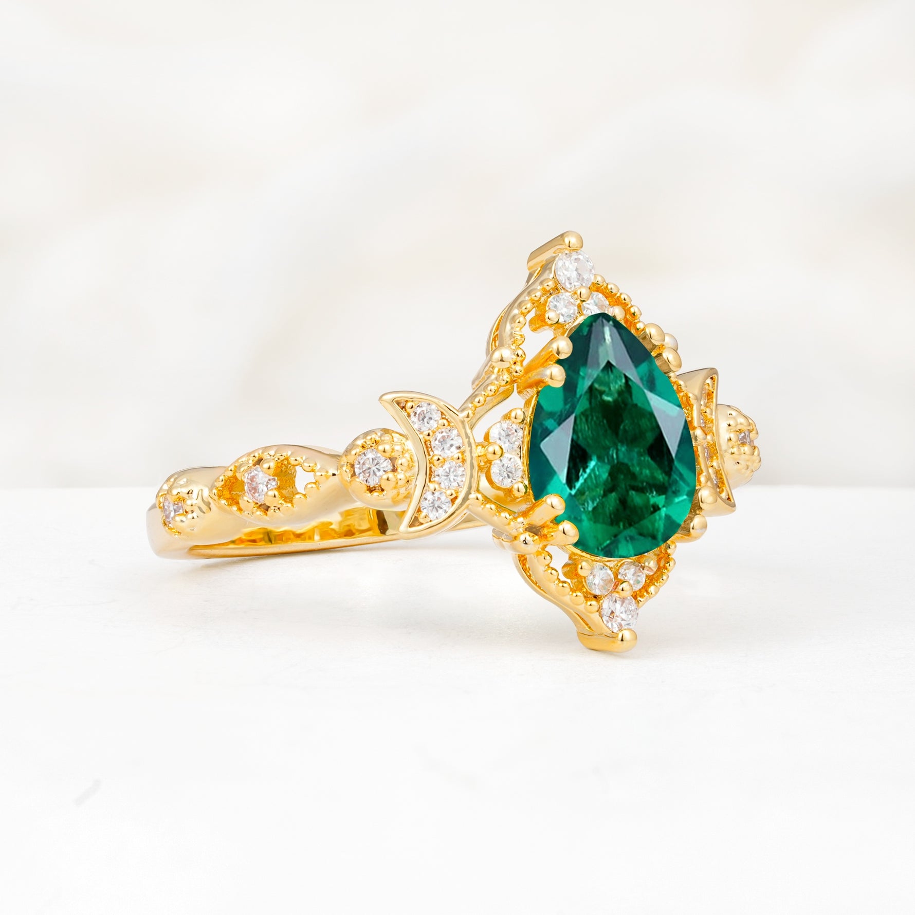 Vintage Pear Cut Milgrain Ornate Halo Emerald Engagement Ring - Additional view