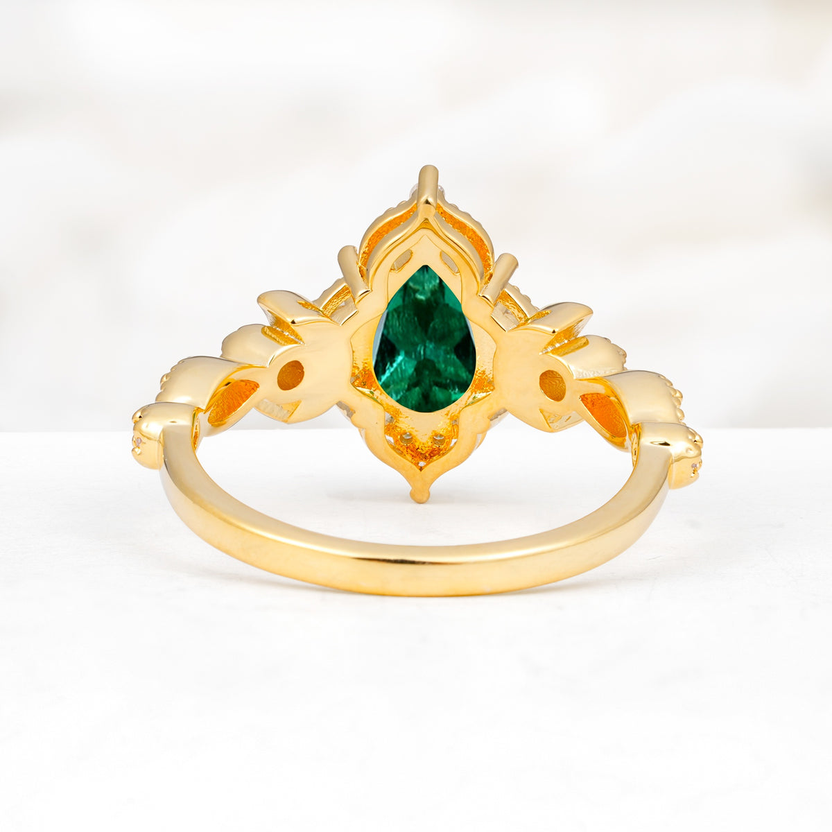 Vintage Pear Cut Milgrain Ornate Halo Emerald Engagement Ring - Additional view
