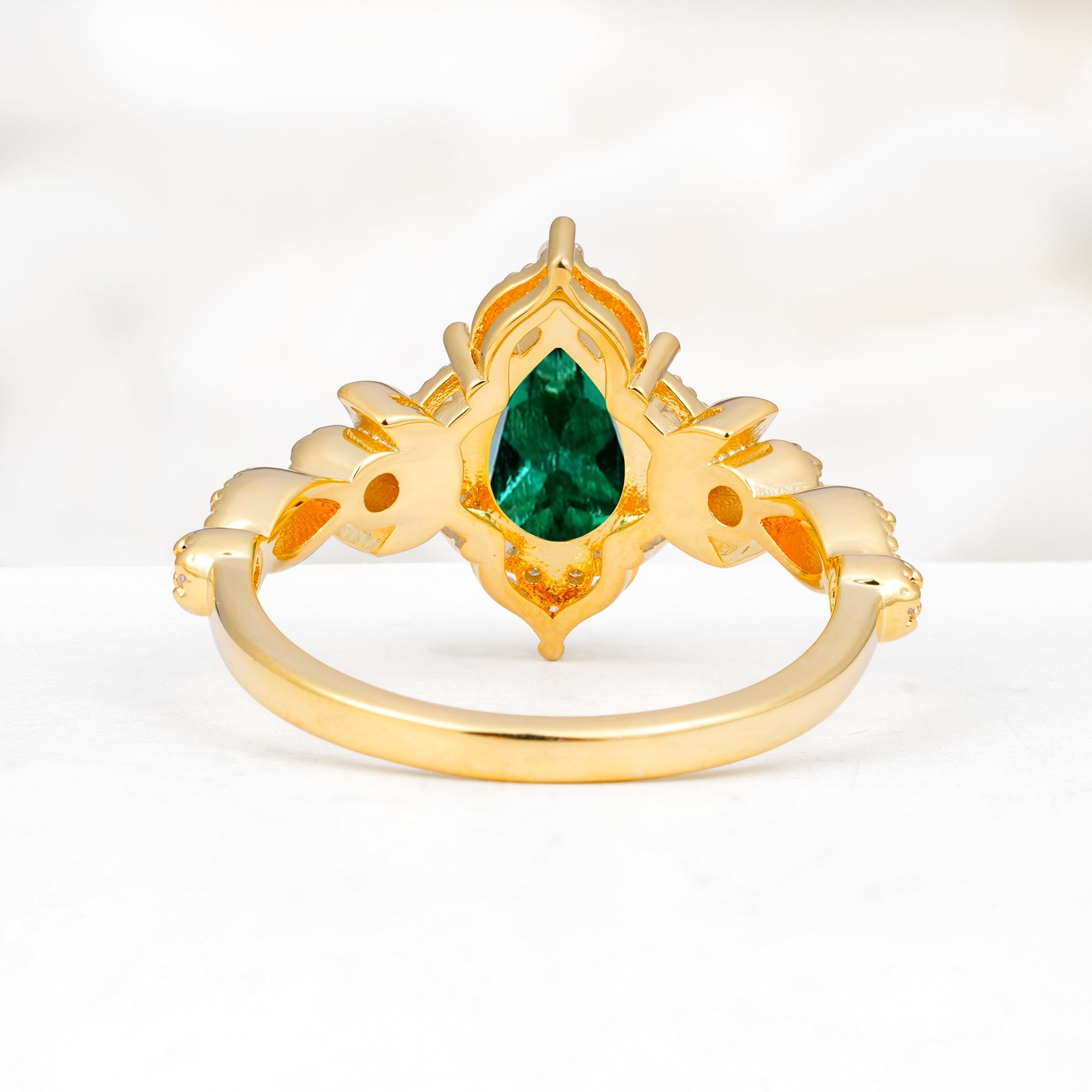 Vintage Pear Cut Milgrain Ornate Halo Emerald Engagement Ring - Additional view