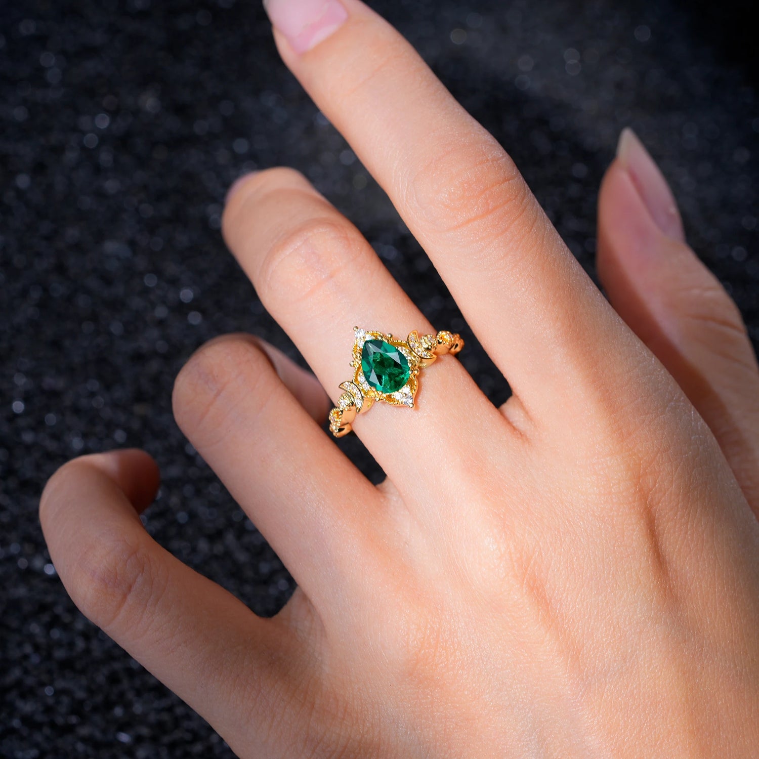 Vintage Pear Cut Milgrain Ornate Halo Emerald Engagement Ring