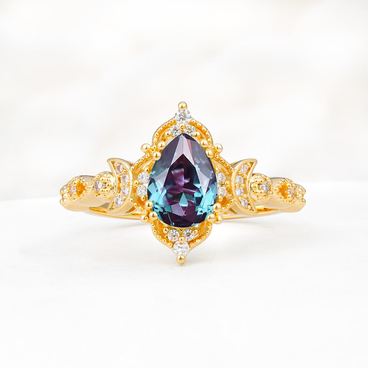 Vintage Pear Cut Milgrain Ornate Halo Alexandrite Engagement Ring - Additional view
