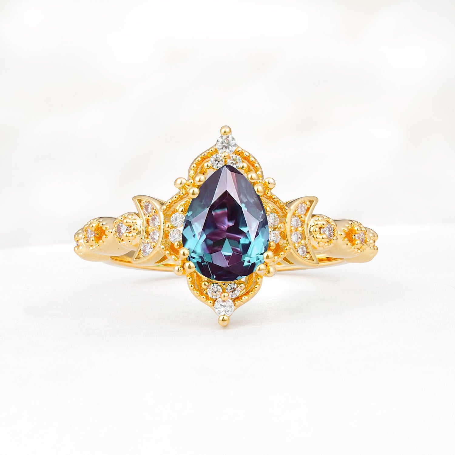 Vintage Pear Cut Milgrain Ornate Halo Alexandrite Engagement Ring - Additional view