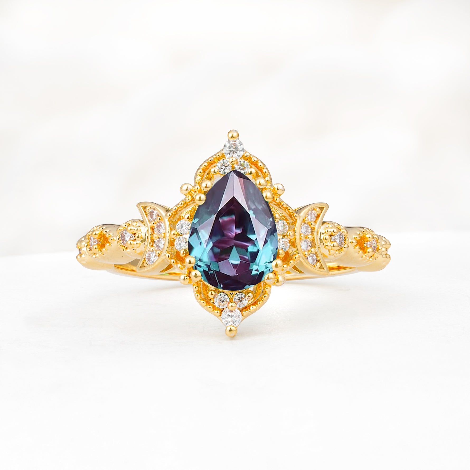 Vintage Pear Cut Milgrain Ornate Halo Alexandrite Engagement Ring - Additional view