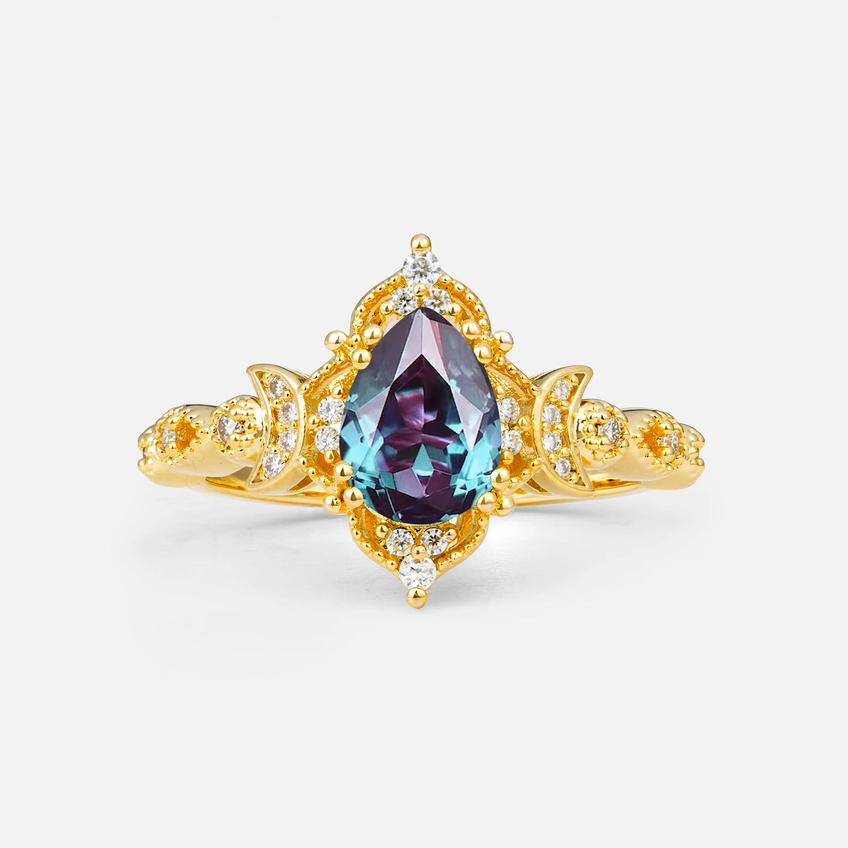 Vintage Pear Cut Milgrain Ornate Halo Alexandrite Engagement Ring