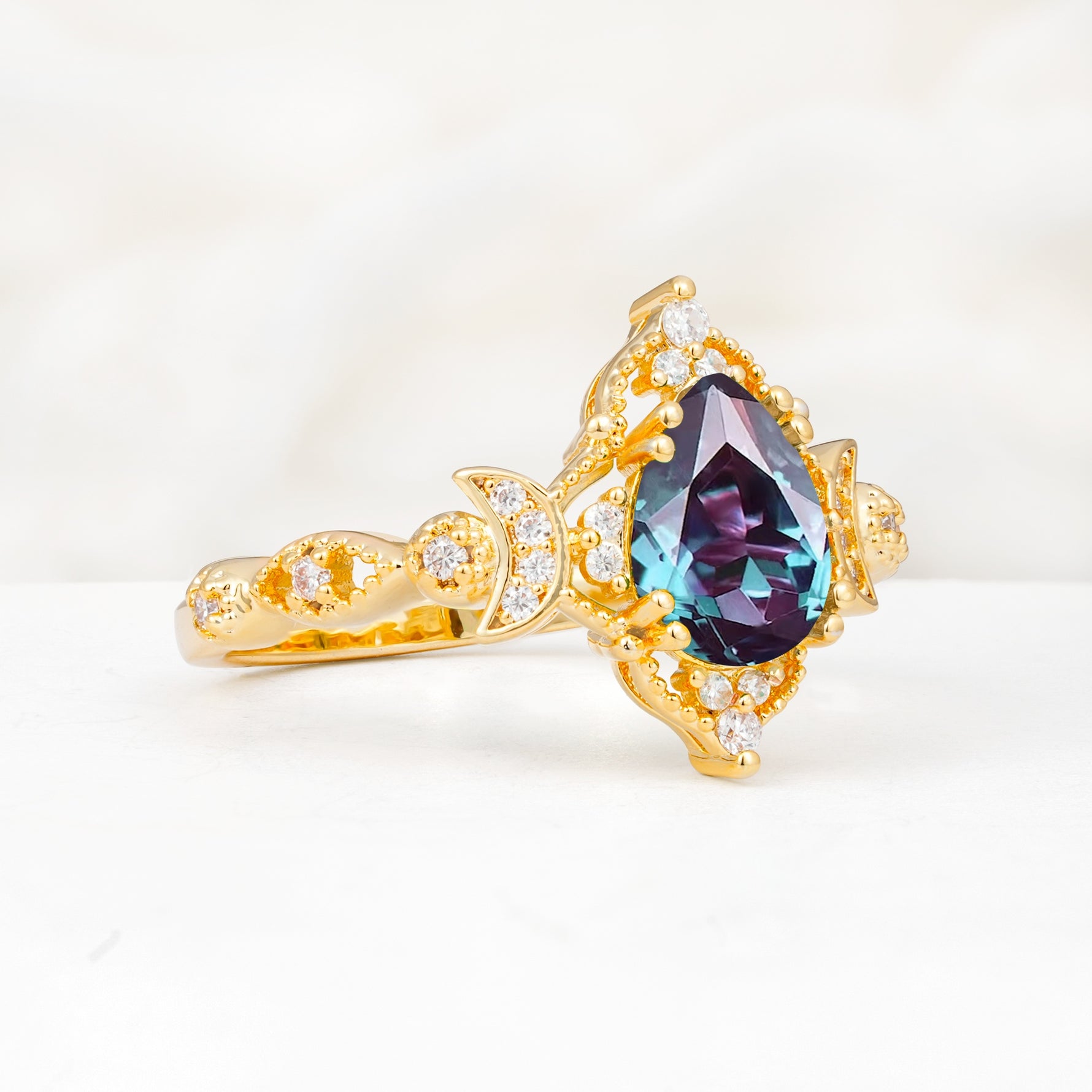Vintage Pear Cut Milgrain Ornate Halo Alexandrite Engagement Ring - Additional view