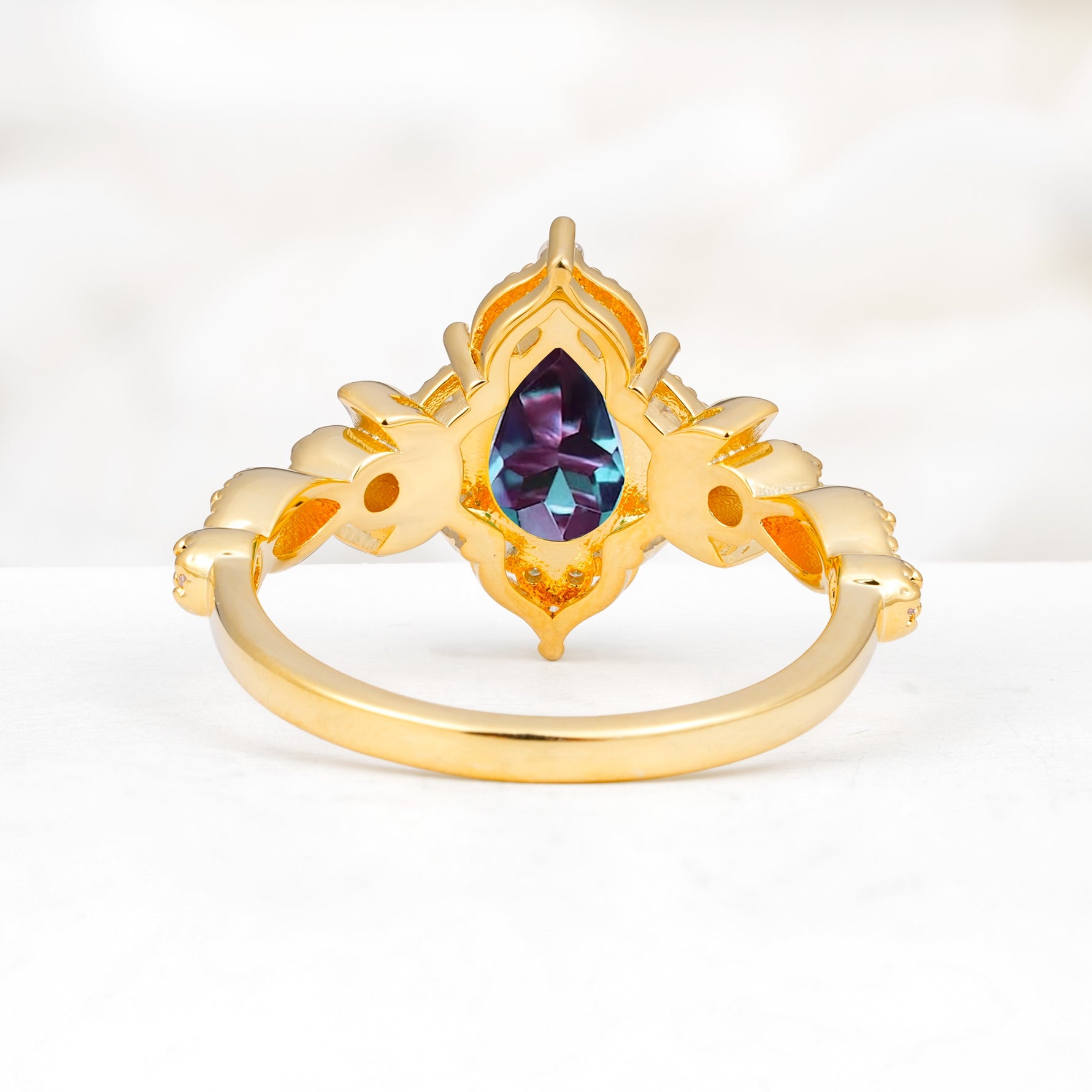 Vintage Pear Cut Milgrain Ornate Halo Alexandrite Engagement Ring - Additional view