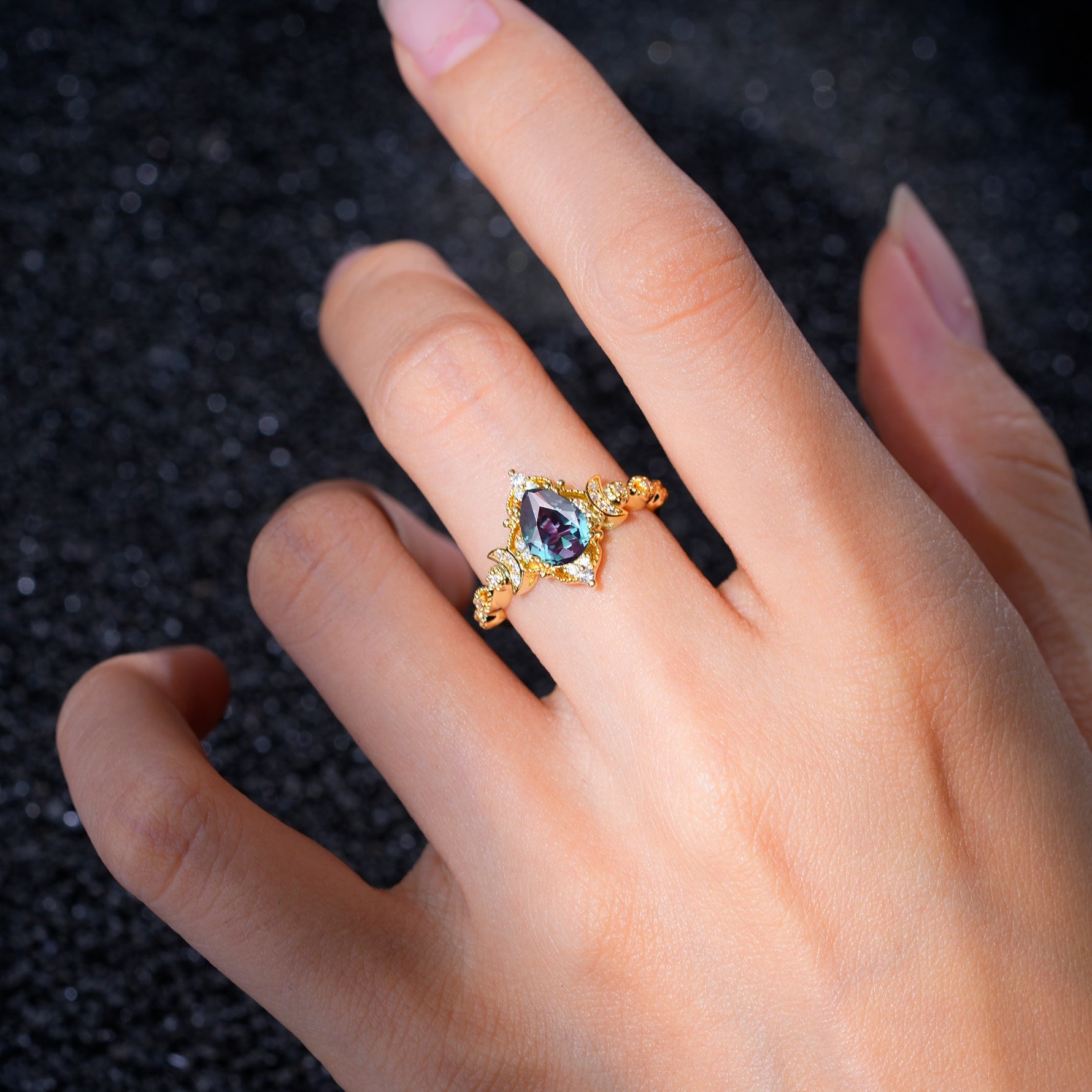 Vintage Pear Cut Milgrain Ornate Halo Alexandrite Engagement Ring - Additional view