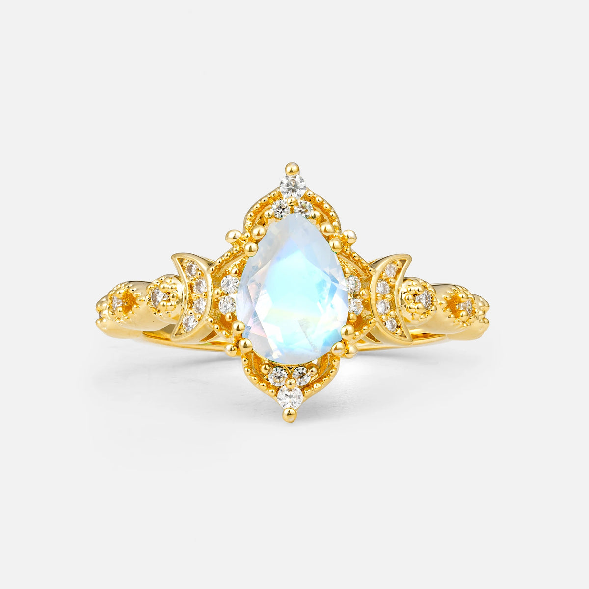Vintage Pear Cut Milgrain Ornate Halo Moonstone Engagement Ring