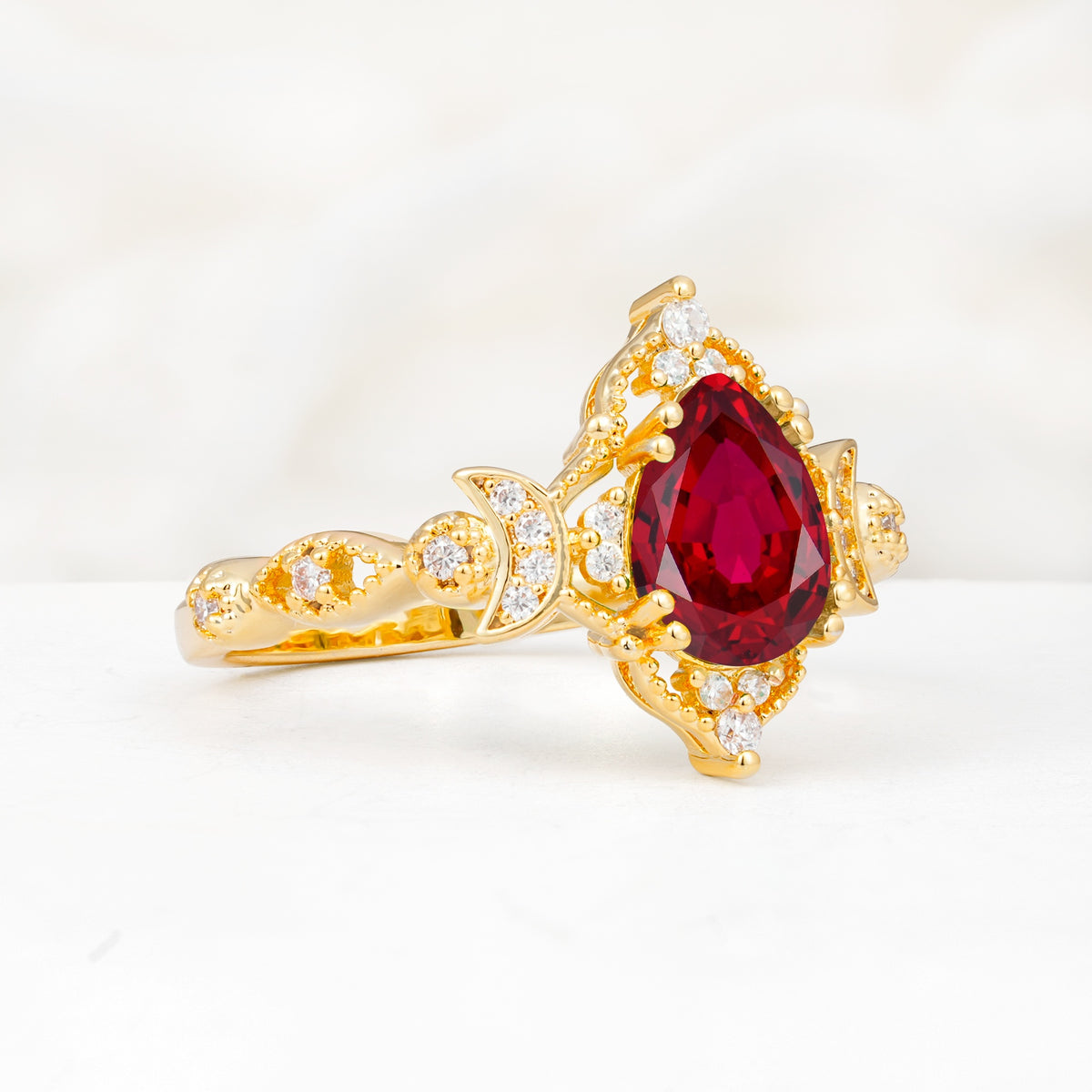 Vintage Pear Cut Milgrain Ornate Halo Ruby Engagement Ring - Additional view