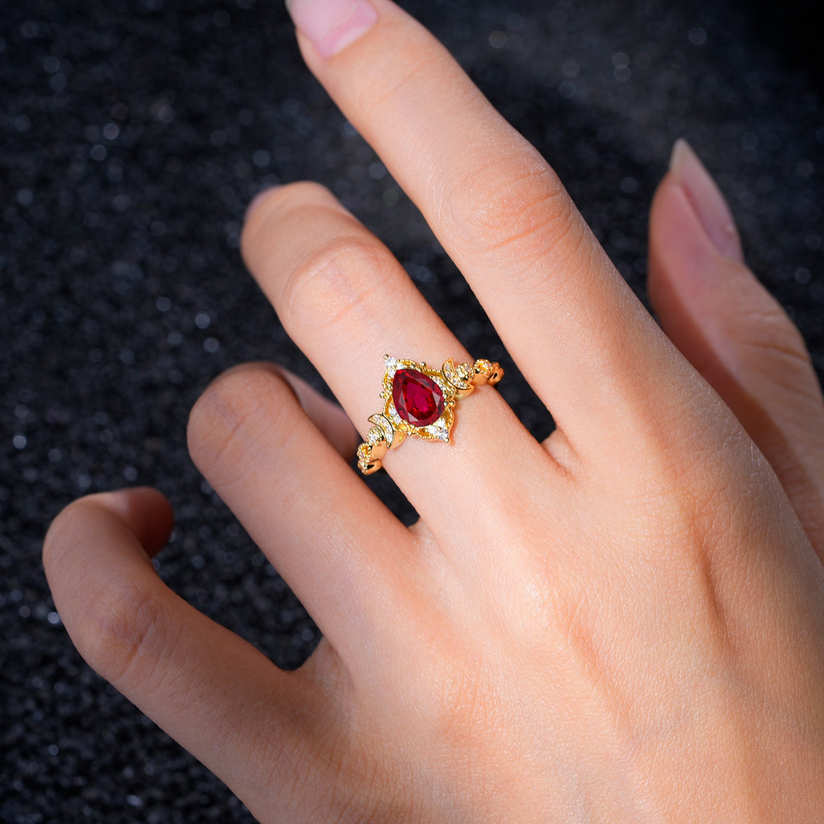 Vintage Pear Cut Milgrain Ornate Halo Ruby Engagement Ring - Additional view
