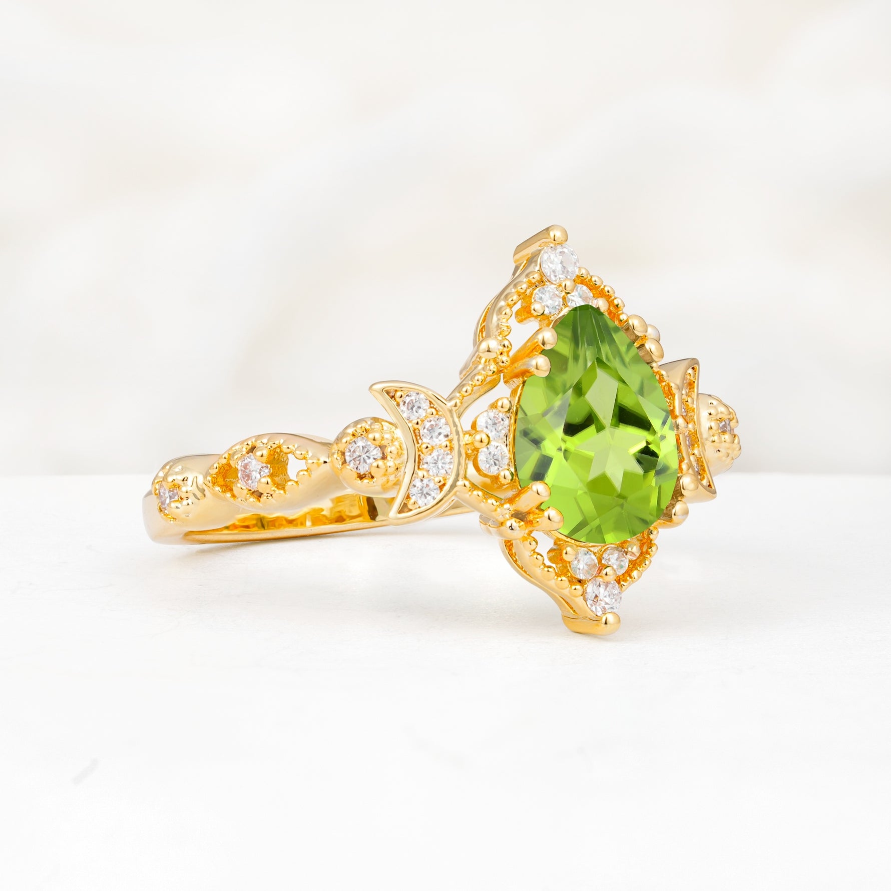 Vintage Pear Cut Milgrain Ornate Halo Peridot Engagement Ring - Additional view