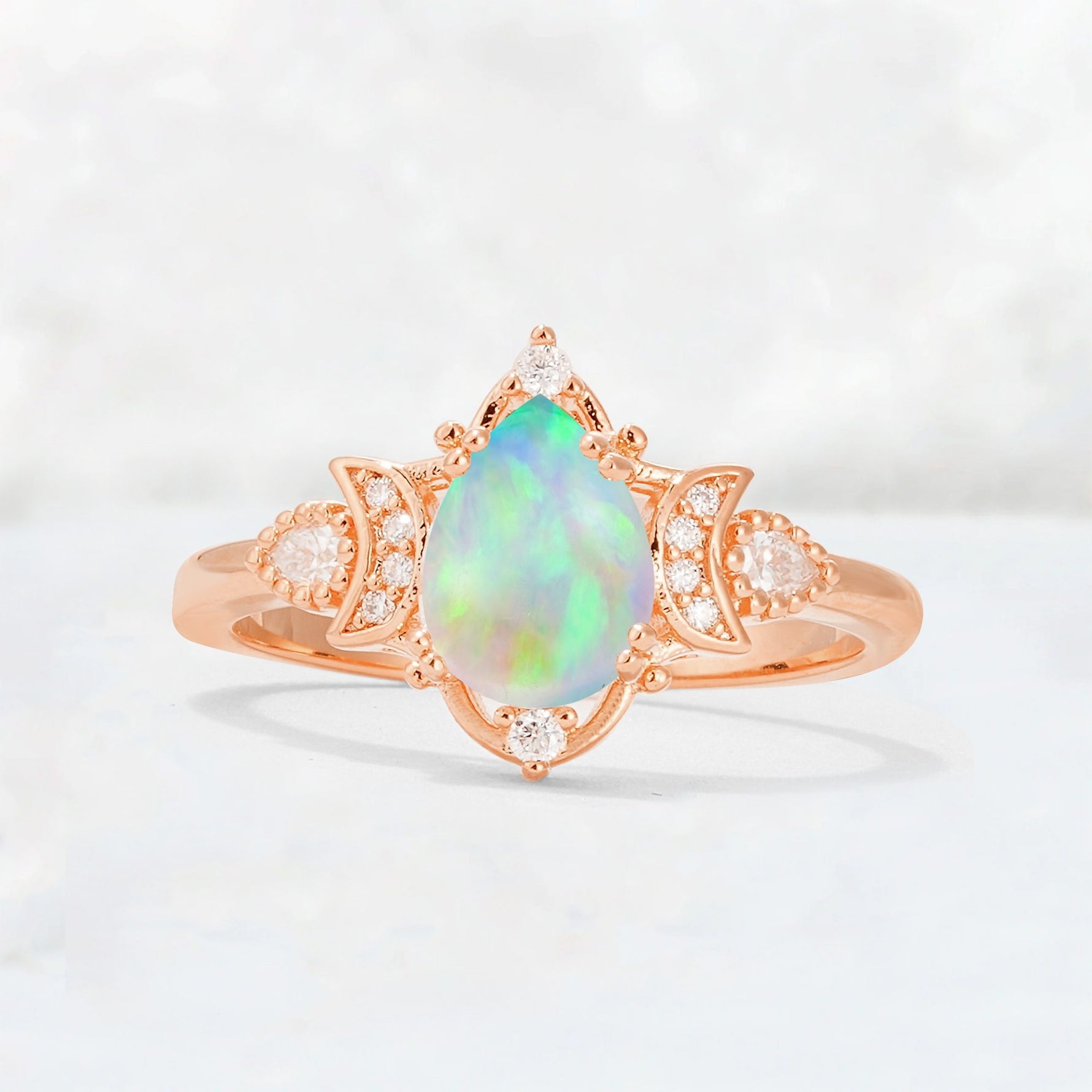 Pear Cut Fire Opal Butterfly Floral Halo Engagement Ring - Additional view