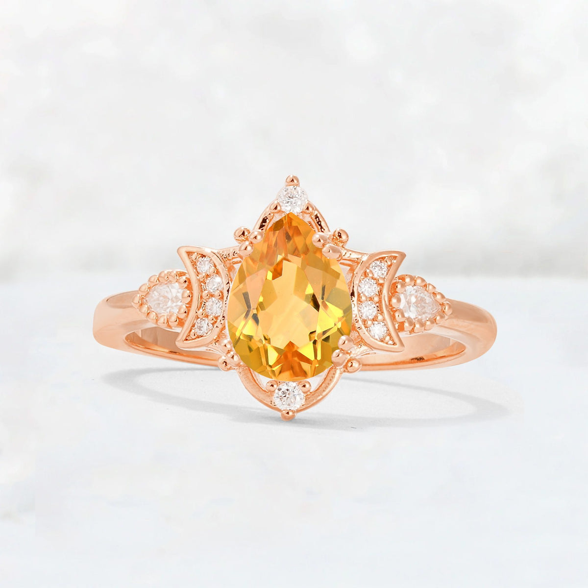 Pear Cut Citrine Butterfly Floral Halo Engagement Ring - Additional view