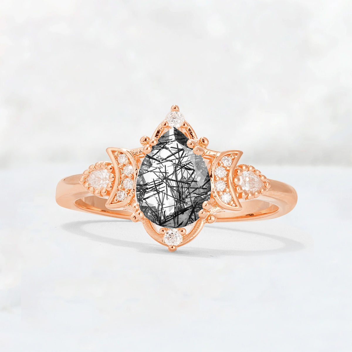 Pear Cut Black Rutilated Quartz Butterfly Floral Halo Engagement Ring - Additional view