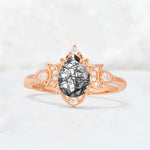 Pear Cut Black Rutilated Quartz Butterfly Floral Halo Engagement Ring - Additional view