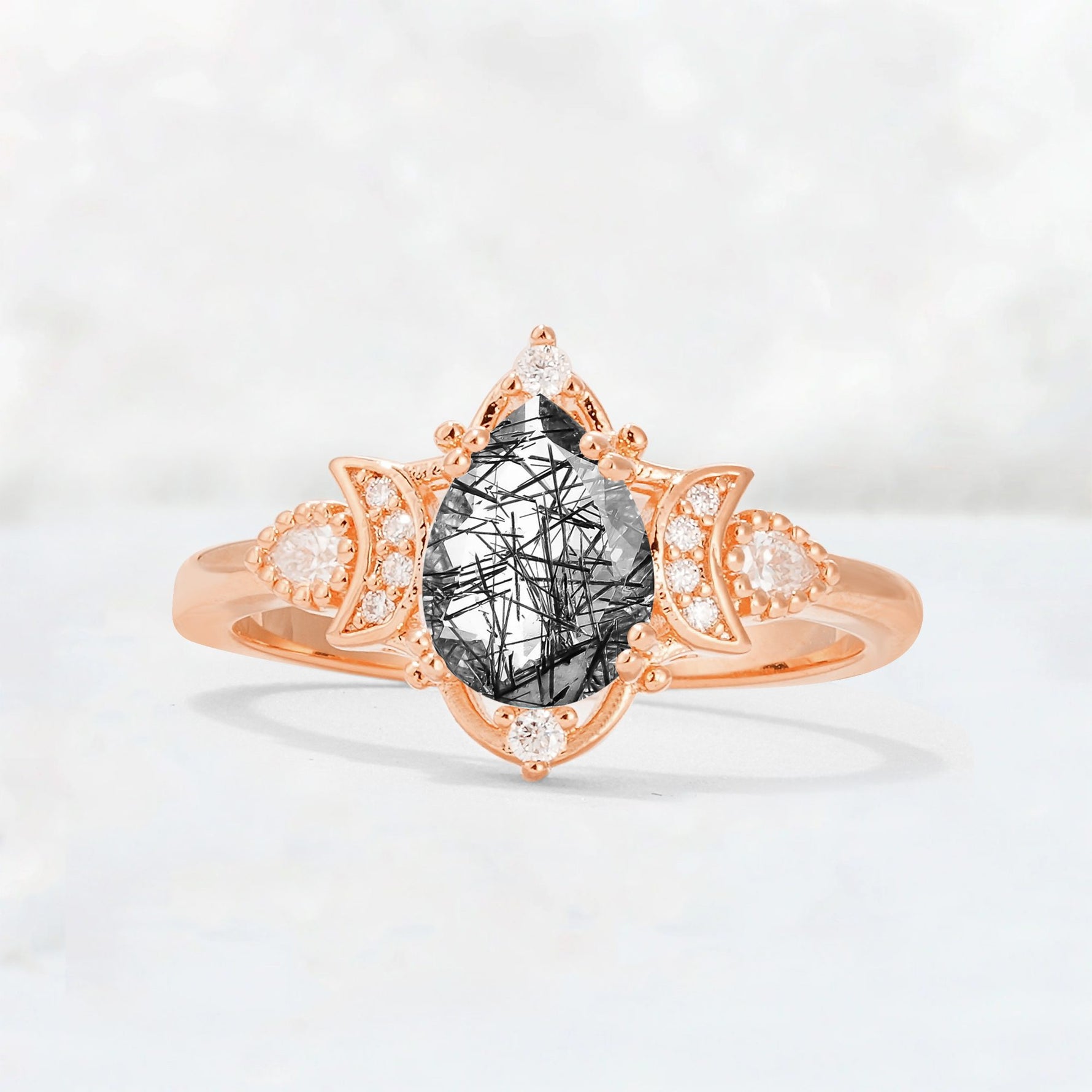 Pear Cut Black Rutilated Quartz Butterfly Floral Halo Engagement Ring - Additional view