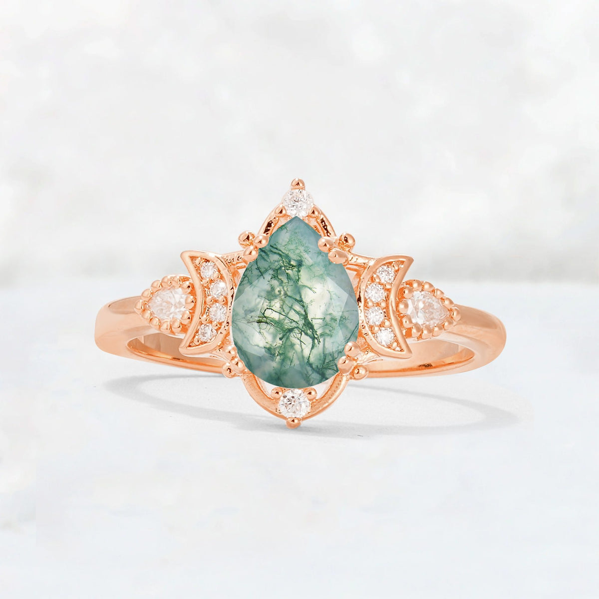 Pear Cut Moss Agate Butterfly Floral Halo Engagement Ring - Additional view