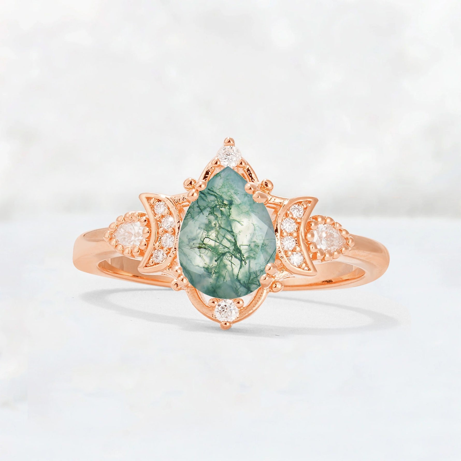 Pear Cut Moss Agate Butterfly Floral Halo Engagement Ring - Additional view