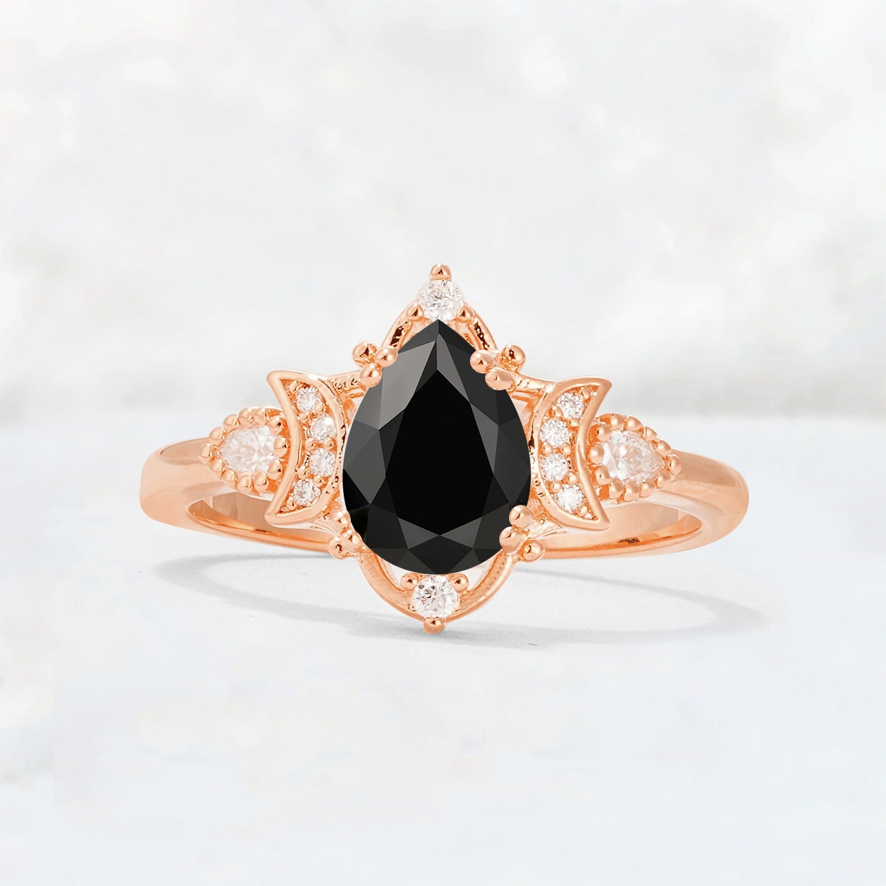 Pear Cut Black Onyx Butterfly Floral Halo Engagement Ring - Additional view
