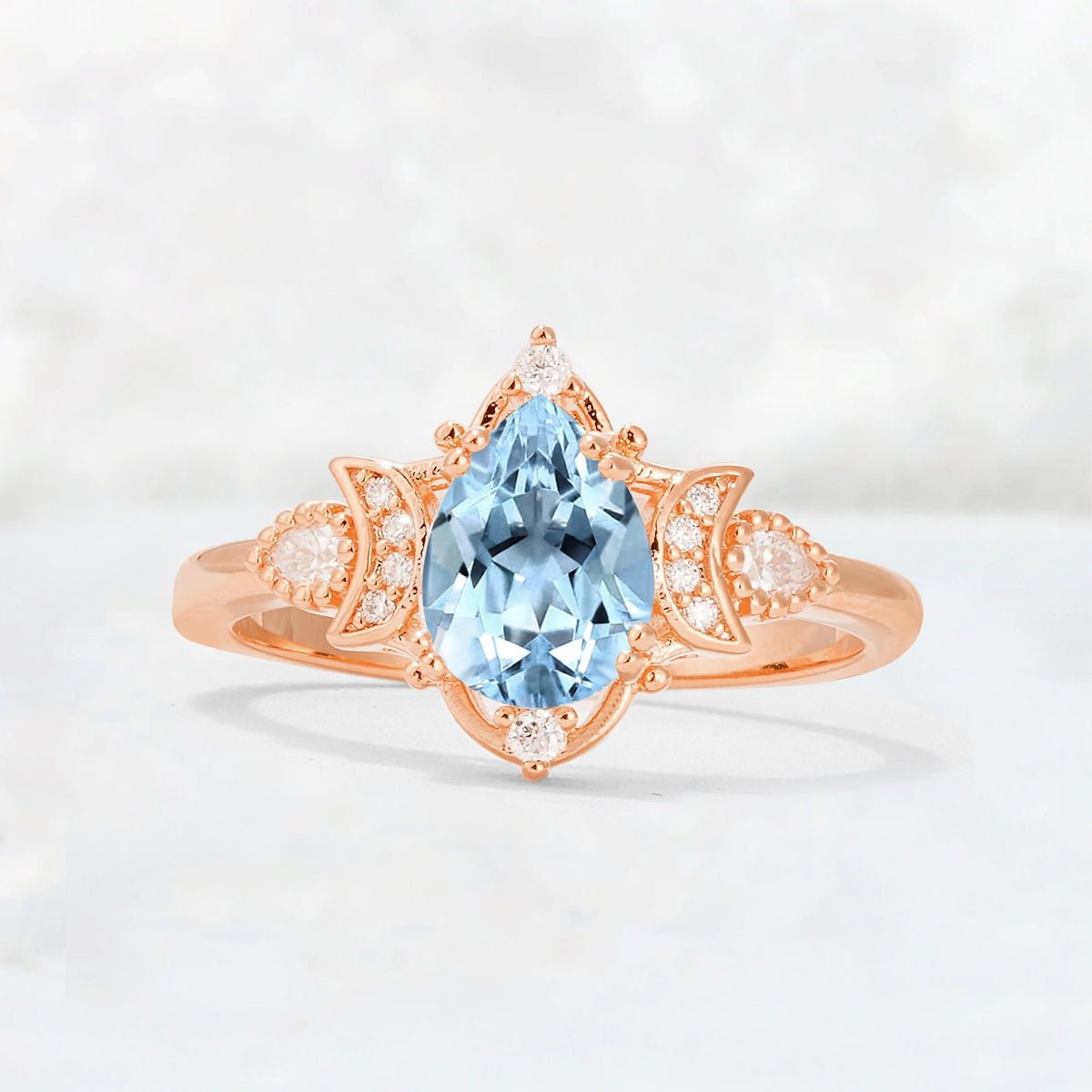 Pear Cut Aquamarine Butterfly Floral Halo Engagement Ring - Additional view
