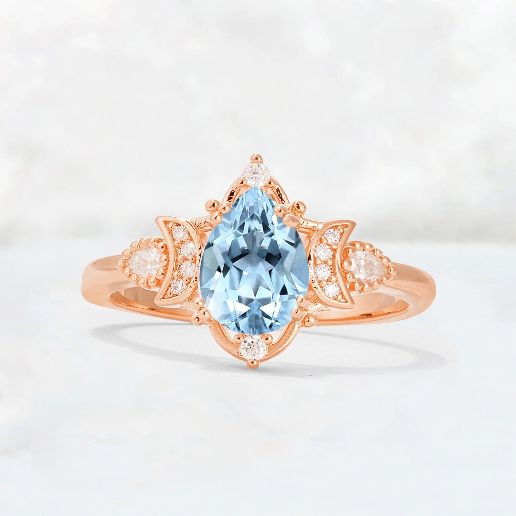 Pear Cut Aquamarine Butterfly Floral Halo Engagement Ring - Additional view