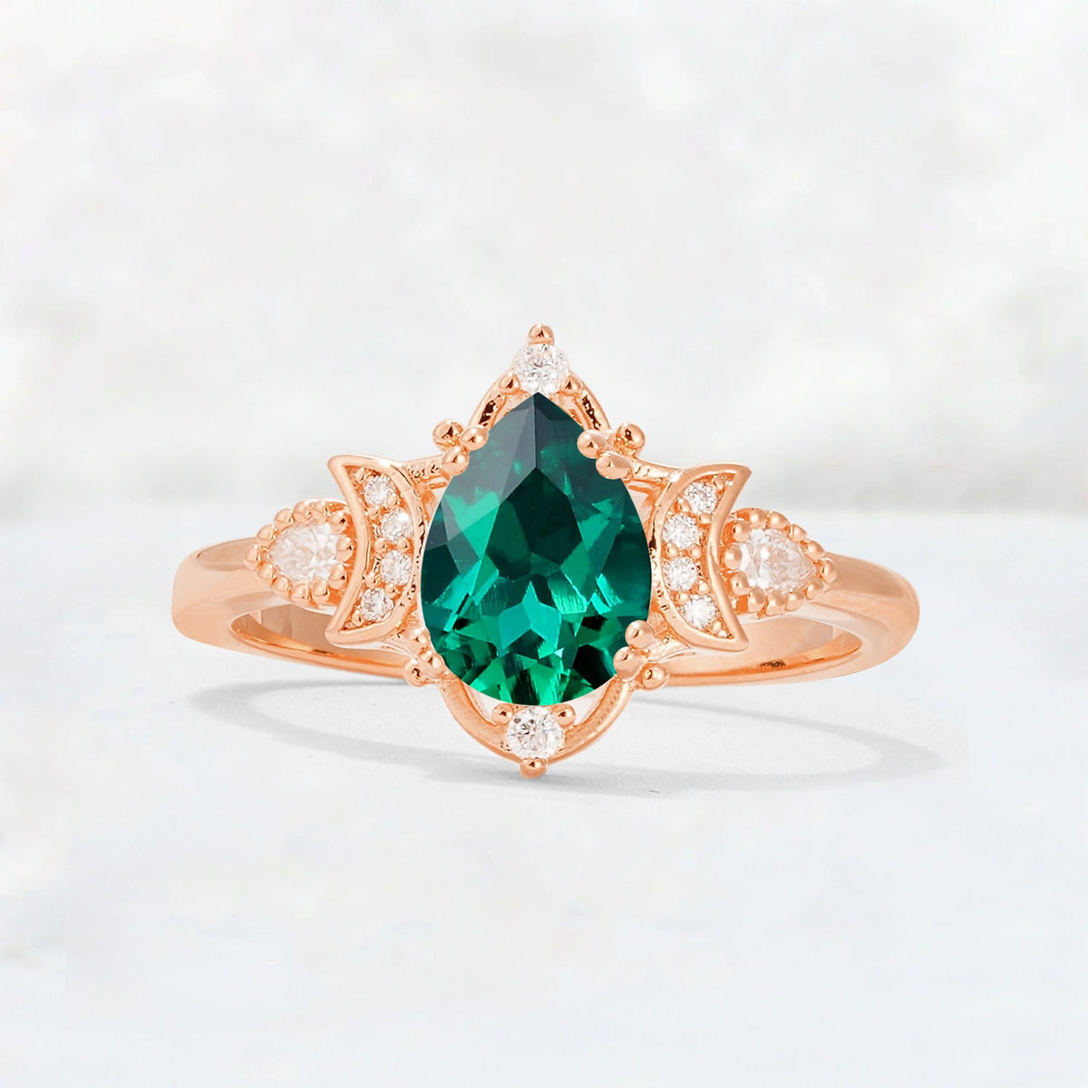 Pear Cut Emerald Butterfly Floral Halo Engagement Ring - Additional view