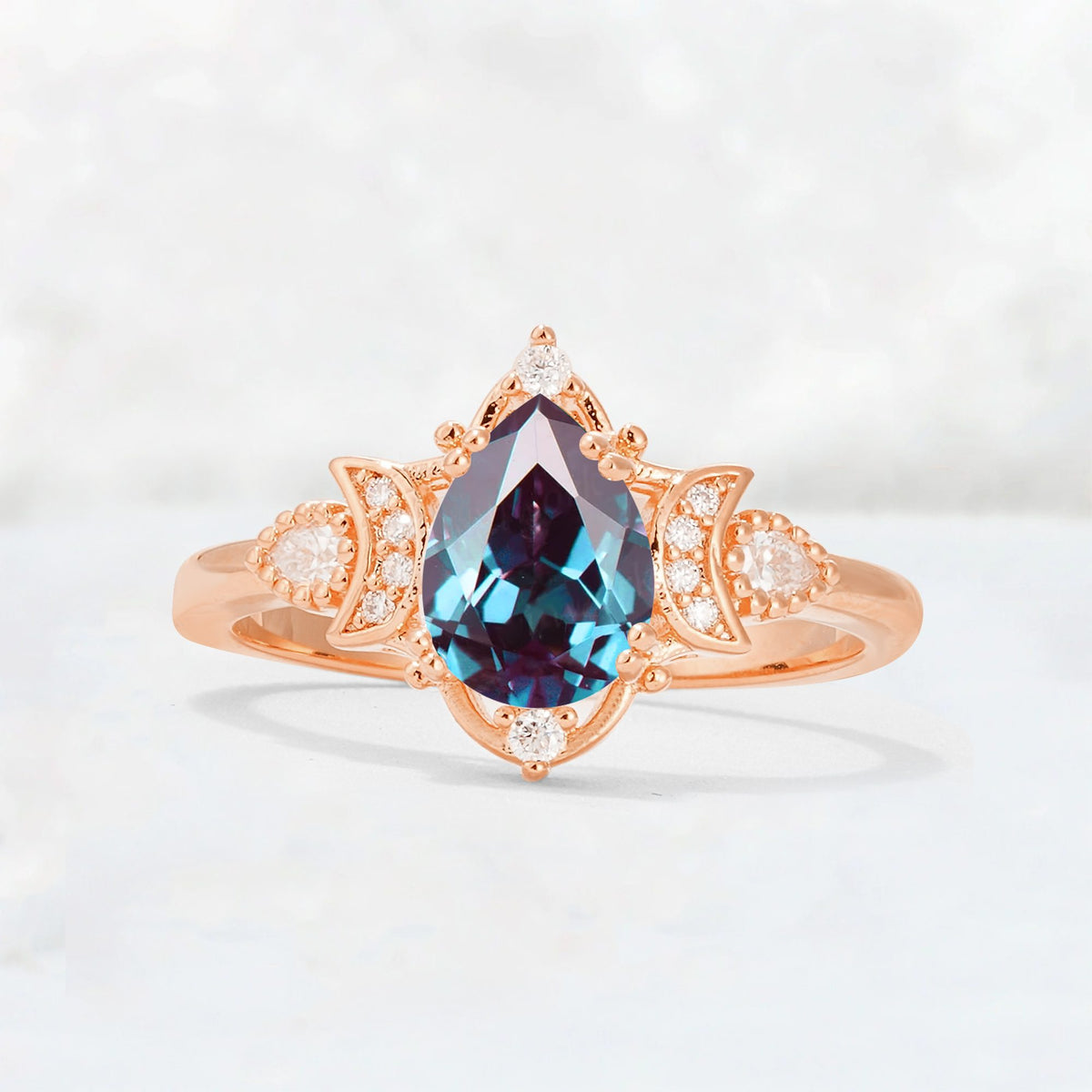 Pear Cut Alexandrite Butterfly Floral Halo Engagement Ring - Additional view