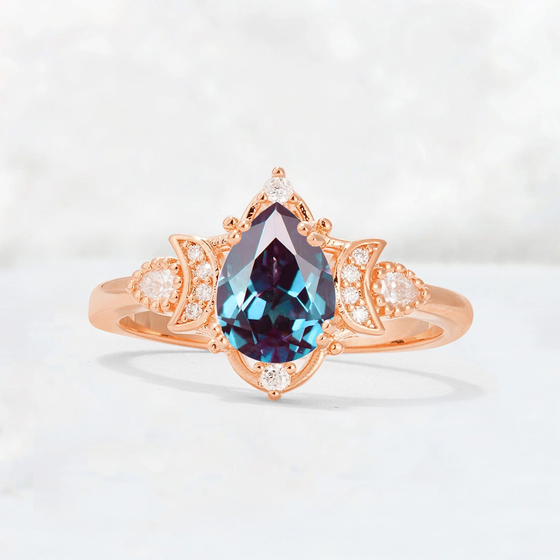 Pear Cut Alexandrite Butterfly Floral Halo Engagement Ring - Additional view