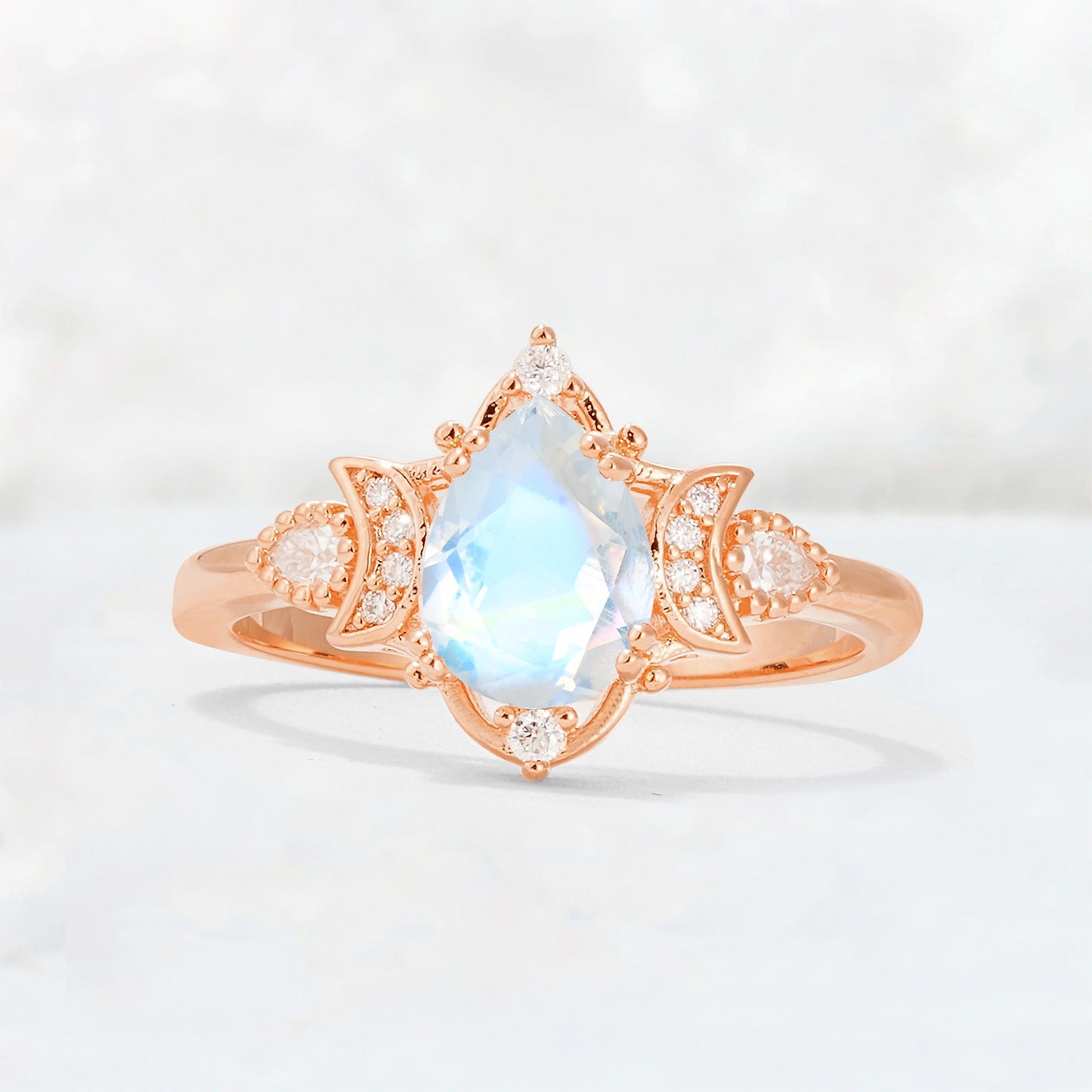 Pear Cut Moonstone Butterfly Floral Halo Engagement Ring - Additional view