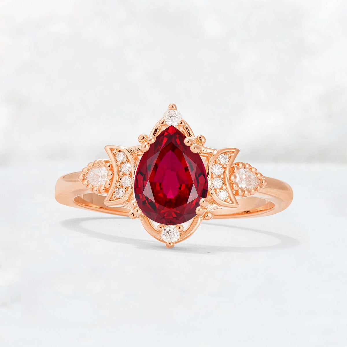 Pear Cut Ruby Butterfly Floral Halo Engagement Ring - Additional view