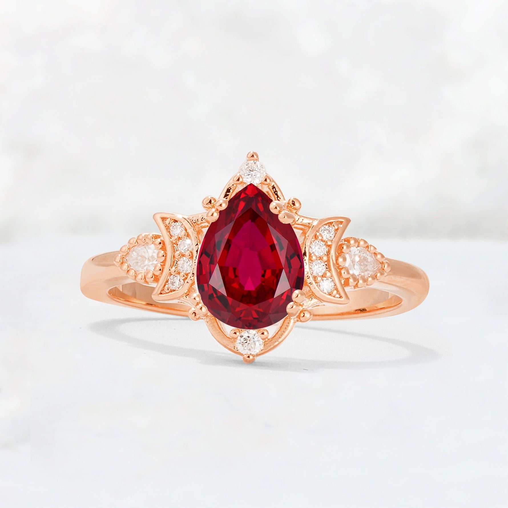 Pear Cut Ruby Butterfly Floral Halo Engagement Ring - Additional view