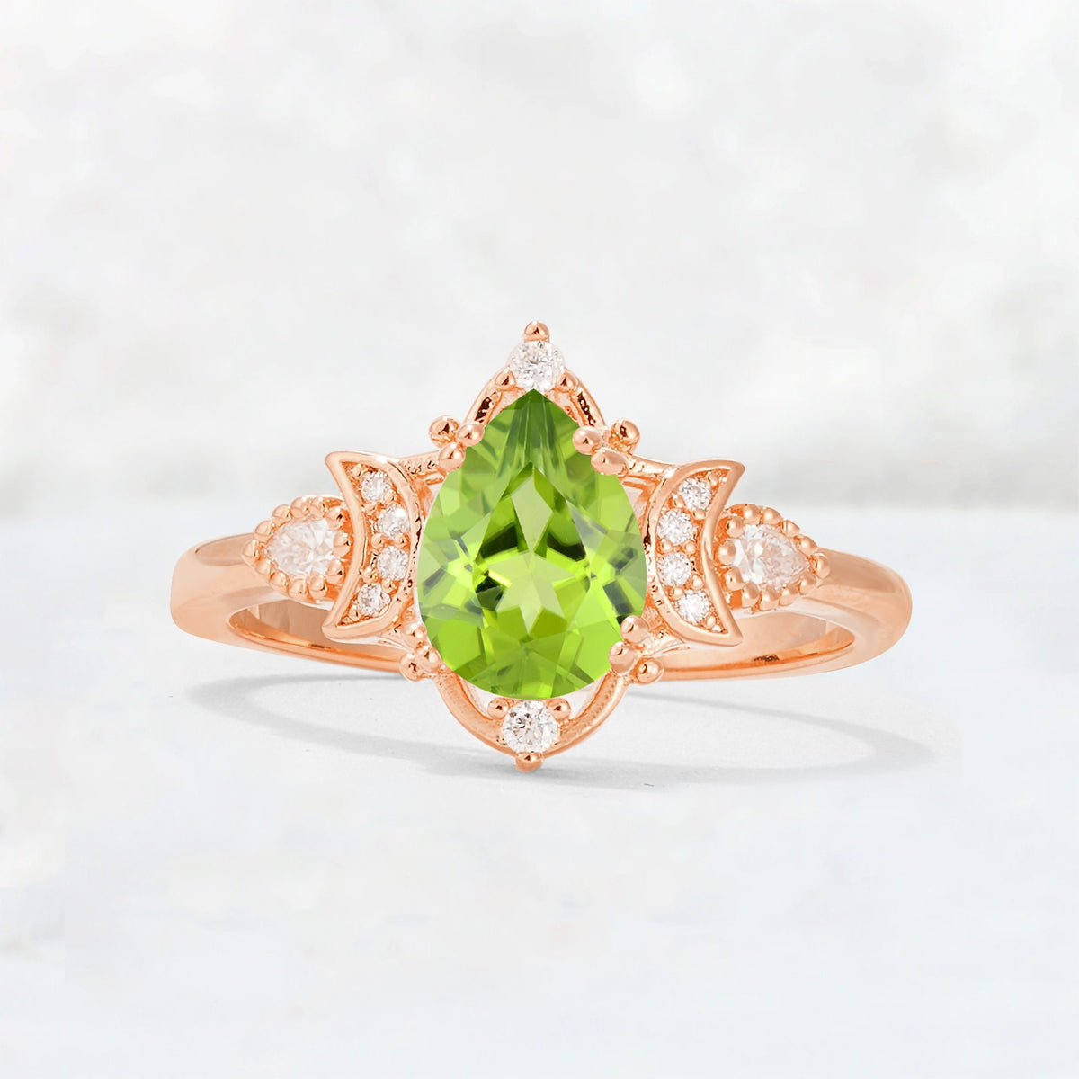 Pear Cut Peridot Butterfly Floral Halo Engagement Ring - Additional view