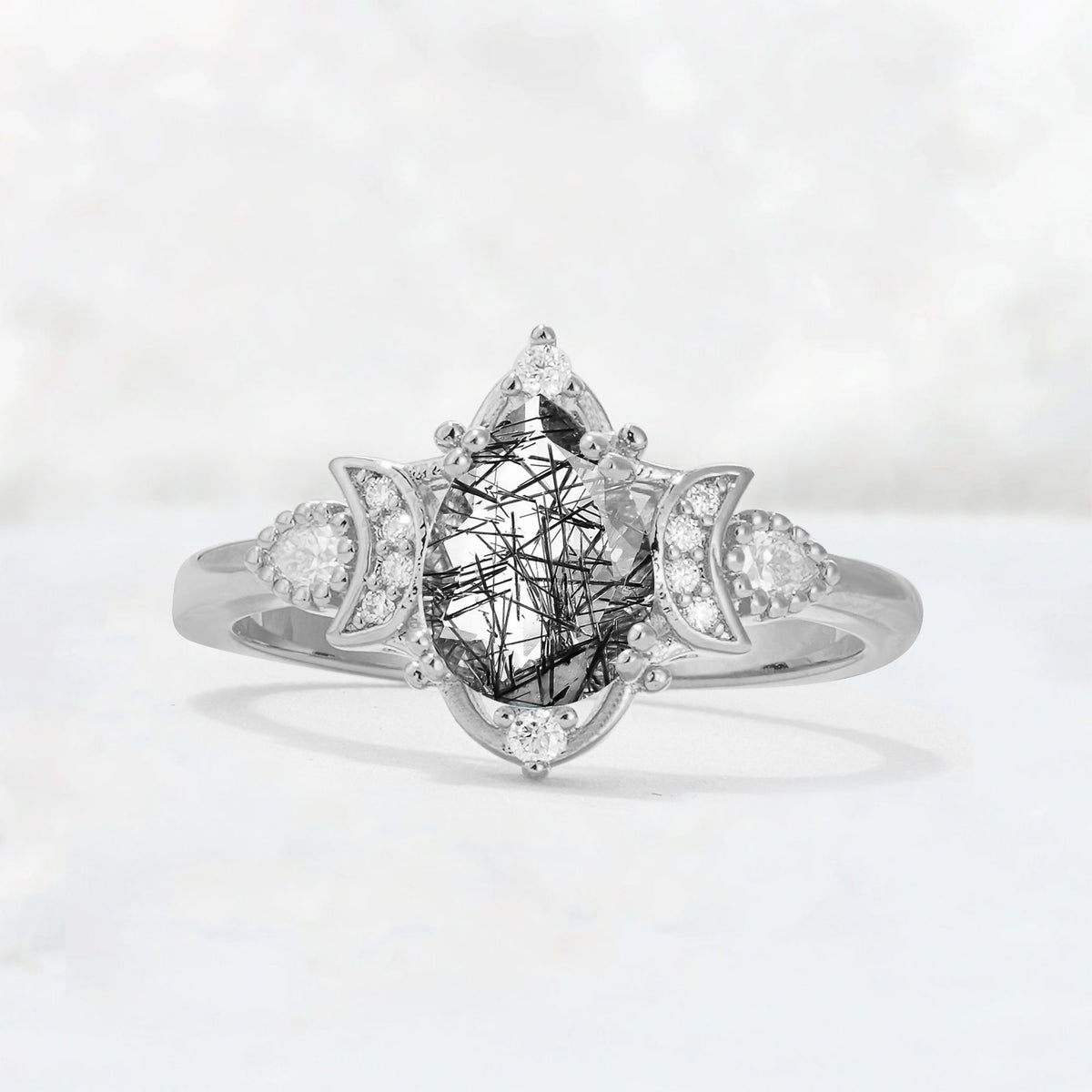 Pear Cut Black Rutilated Quartz Butterfly Floral Halo Engagement Ring - Additional view