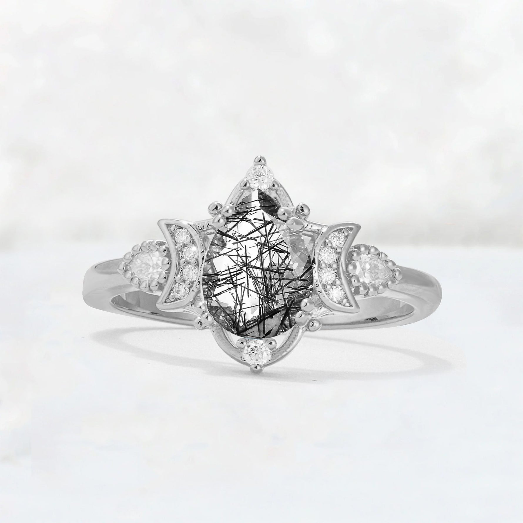 Pear Cut Black Rutilated Quartz Butterfly Floral Halo Engagement Ring - Additional view