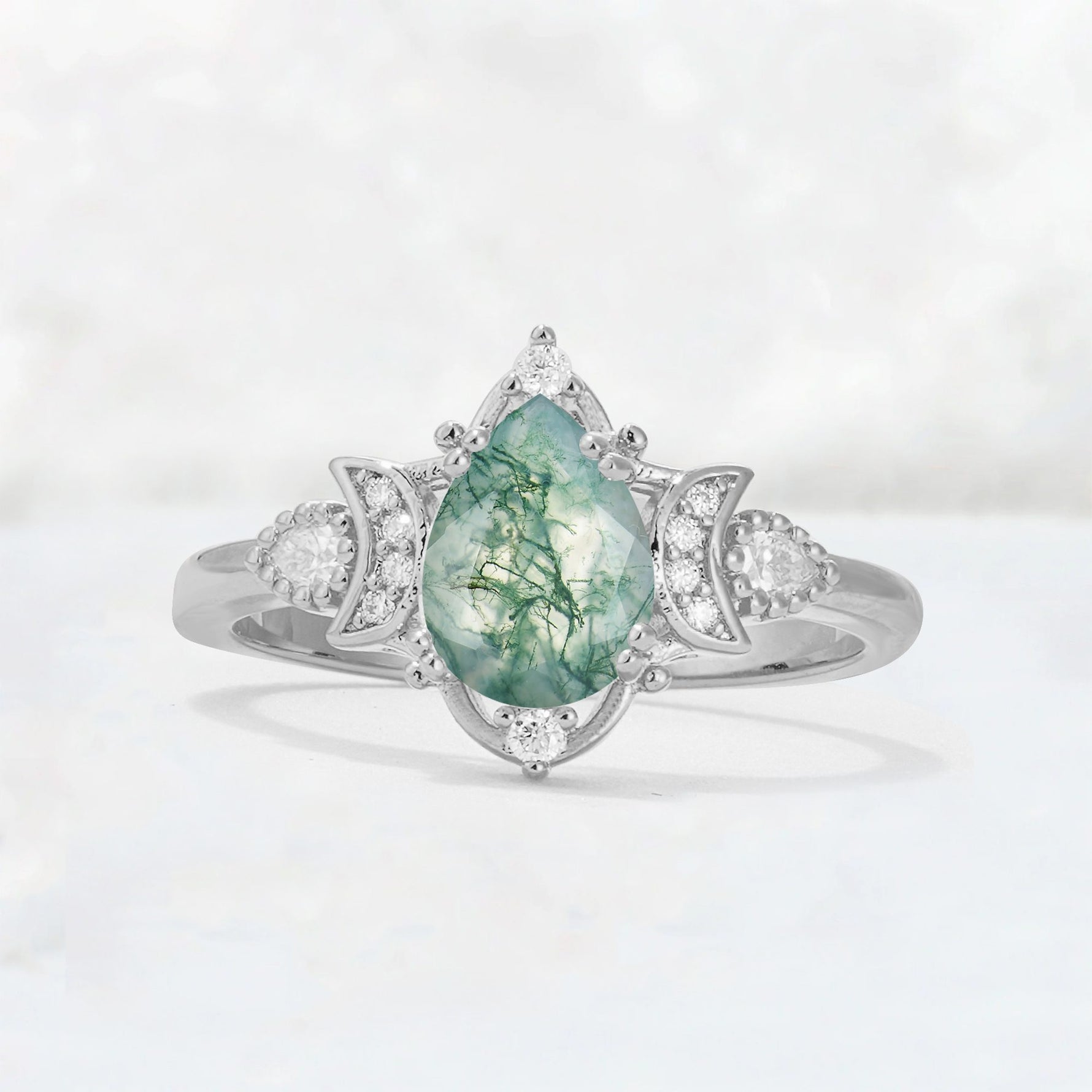 Pear Cut Moss Agate Butterfly Floral Halo Engagement Ring - Additional view