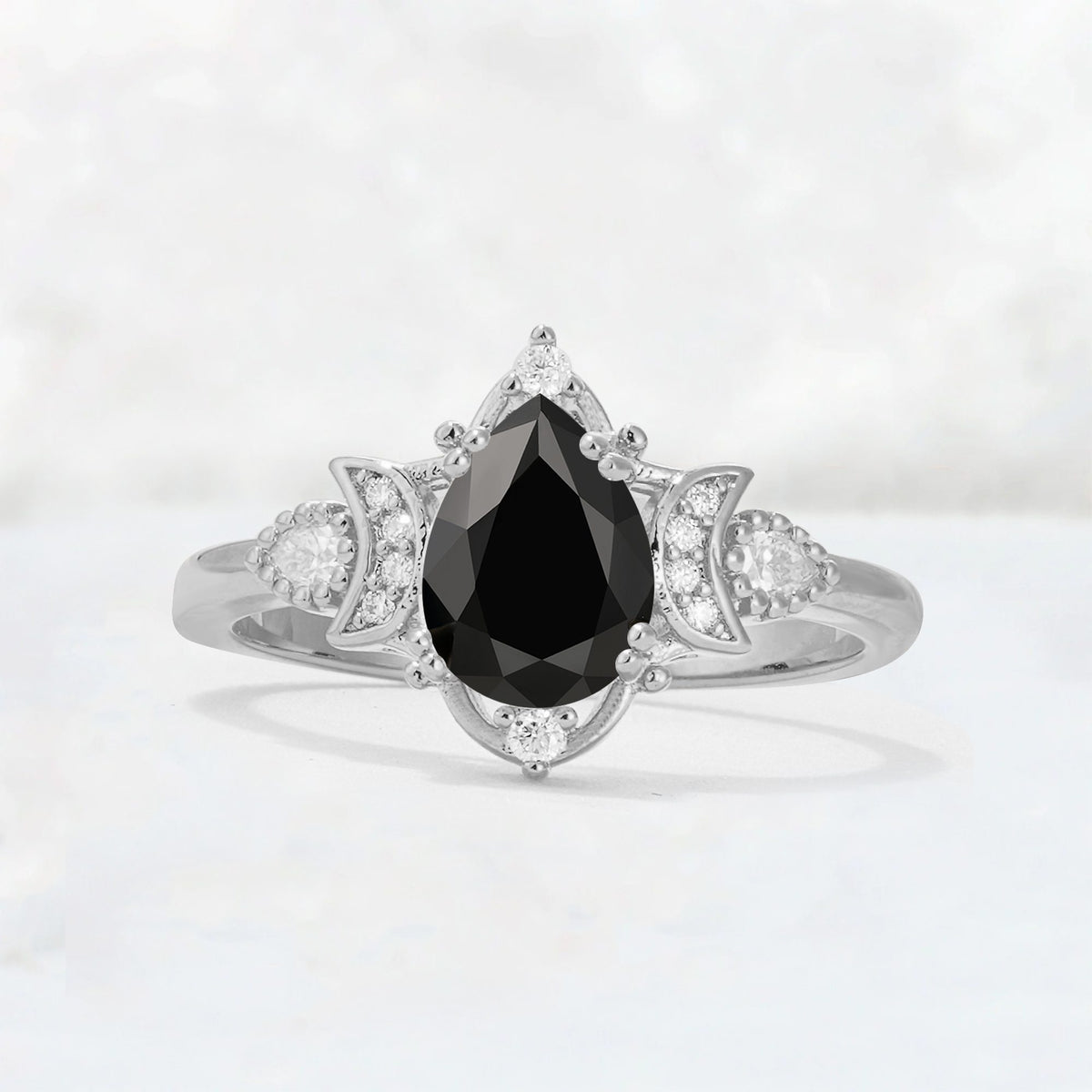 Pear Cut Black Onyx Butterfly Floral Halo Engagement Ring - Additional view