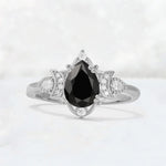 Pear Cut Black Onyx Butterfly Floral Halo Engagement Ring - Additional view