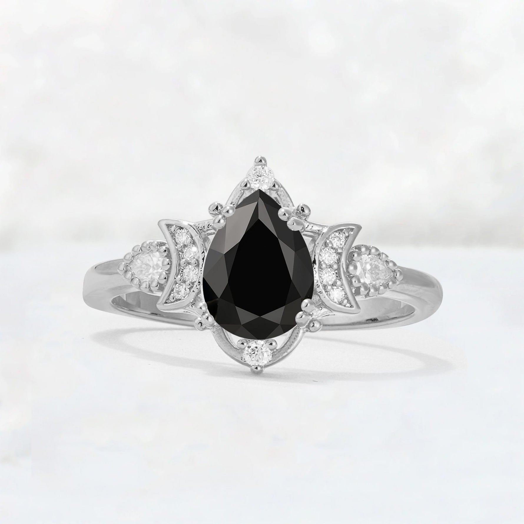 Pear Cut Black Onyx Butterfly Floral Halo Engagement Ring - Additional view