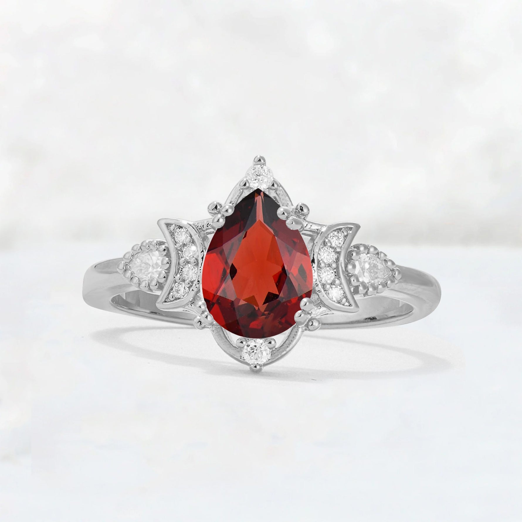 Pear Cut Garnet Butterfly Floral Halo Engagement Ring - Additional view