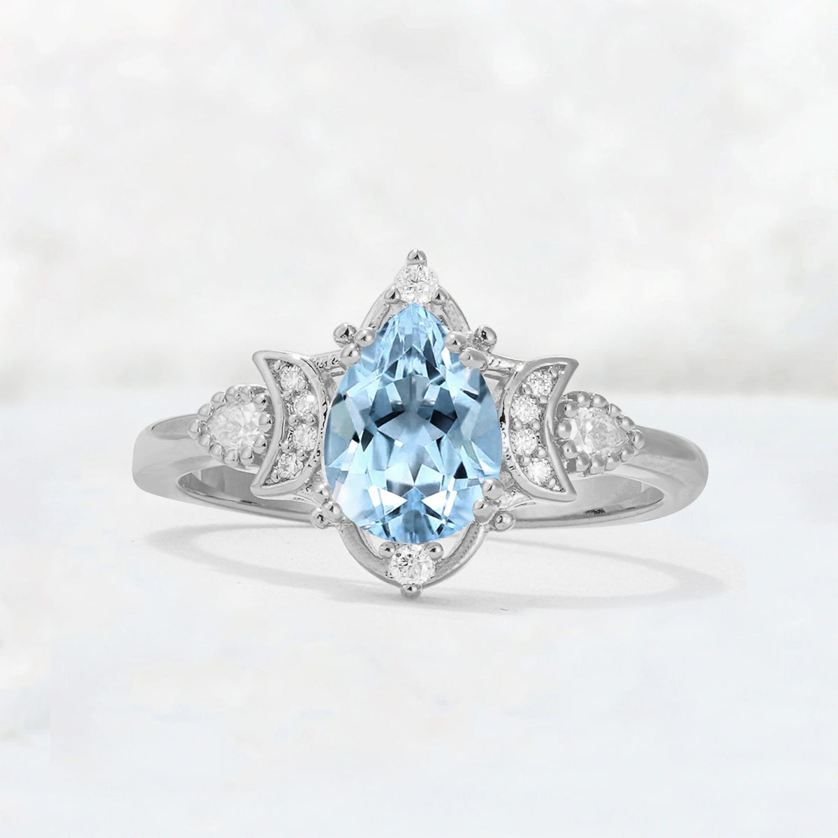Pear Cut Aquamarine Butterfly Floral Halo Engagement Ring - Additional view