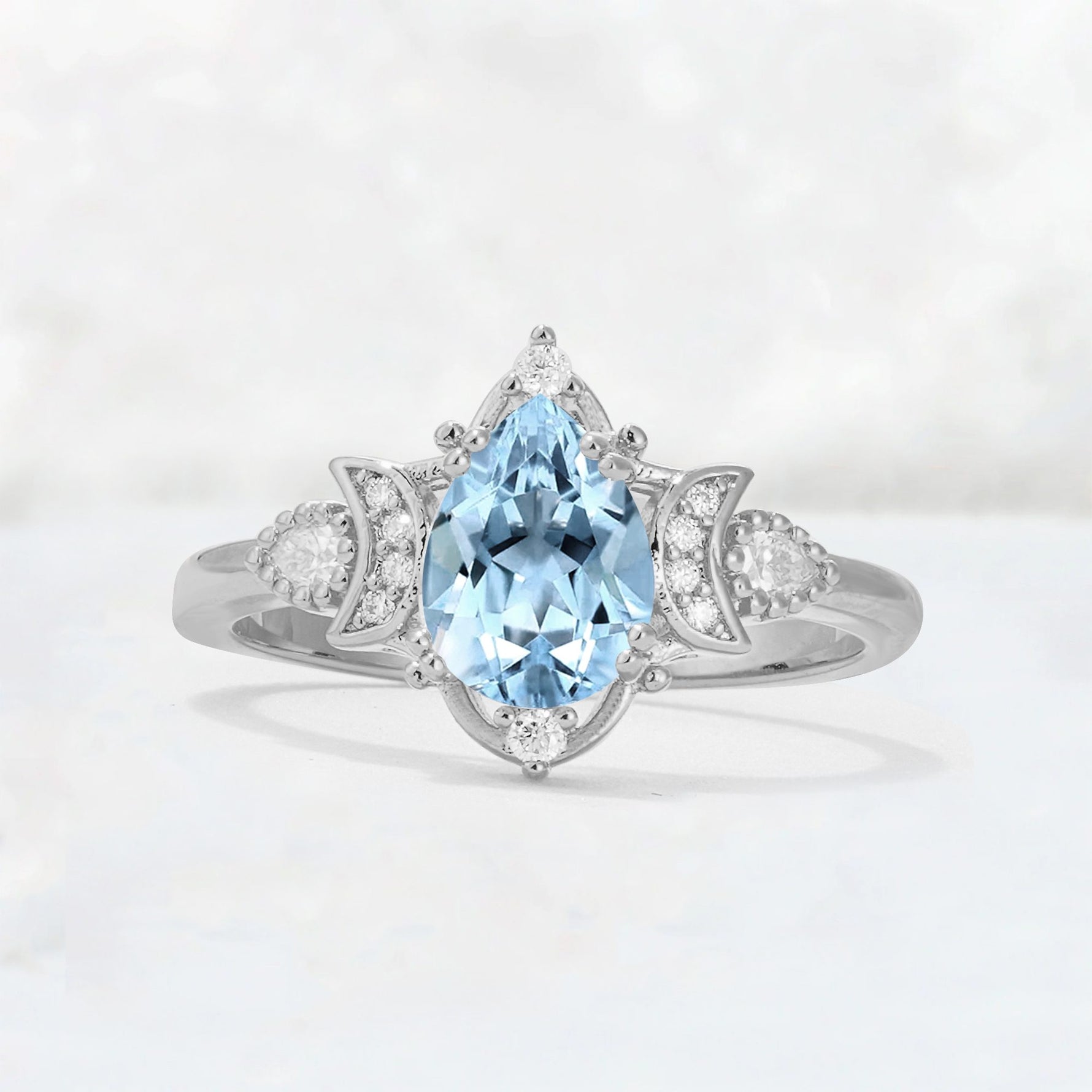 Pear Cut Aquamarine Butterfly Floral Halo Engagement Ring - Additional view